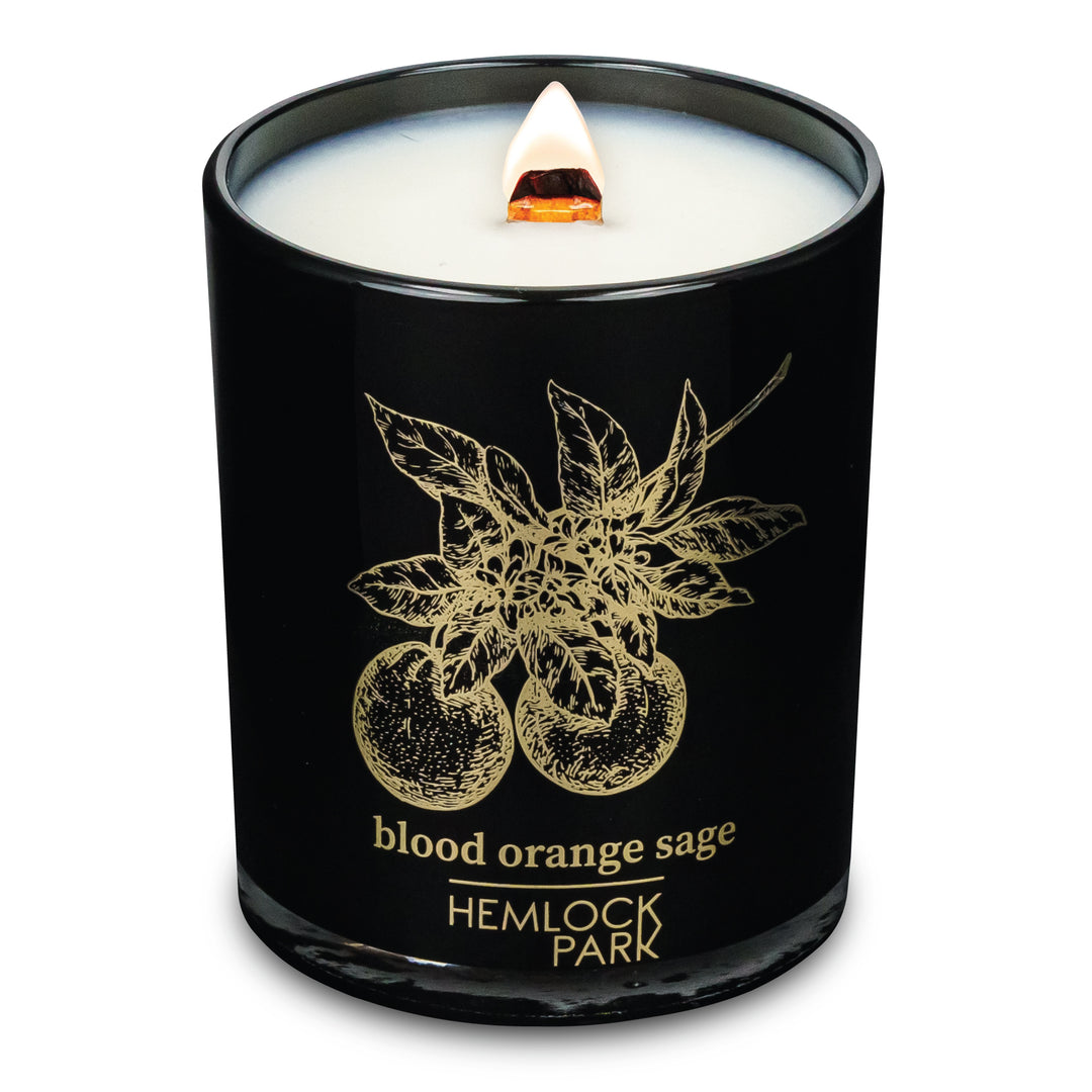 Hemlock Park Black & Gold Crackling Wood Wick Candle Handcrafted with Natural Plant-Based Coconut Wax (Amber, Standard 7.2 oz)
