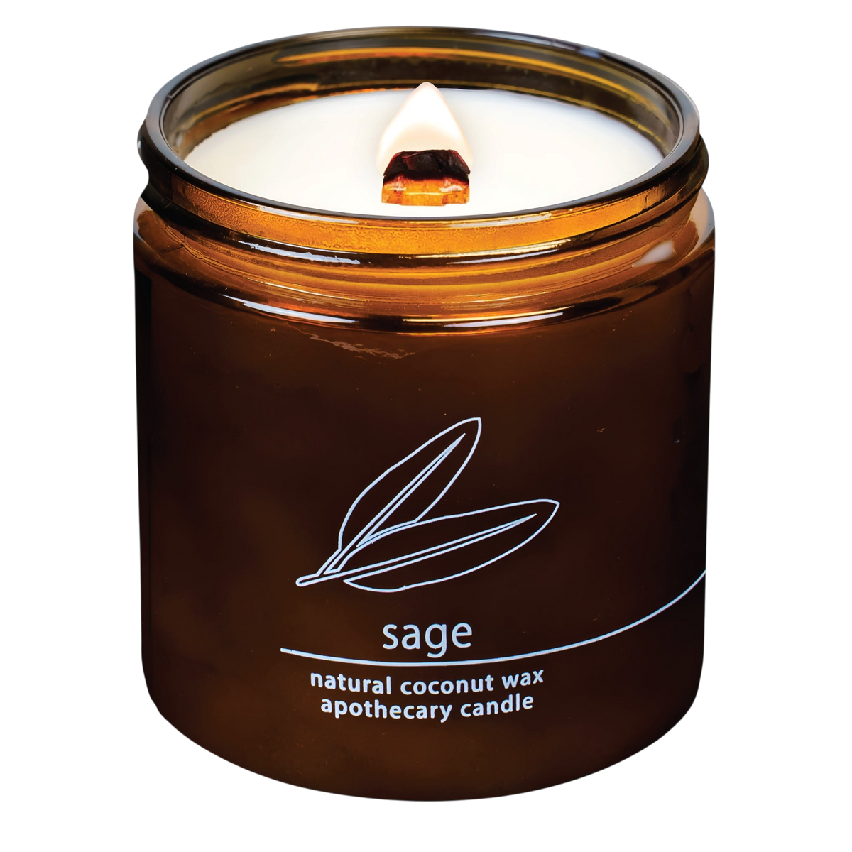 Hemlock Park Sage apothecary candle in a large amber glass jar with a lit wooden wick and a white sage leaf illustration