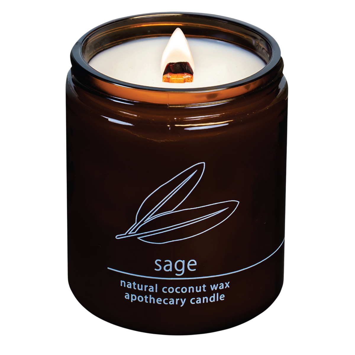 Hemlock Park Sage apothecary candle in a dark amber glass jar with a lit wooden wick and a white sage leaf illustration