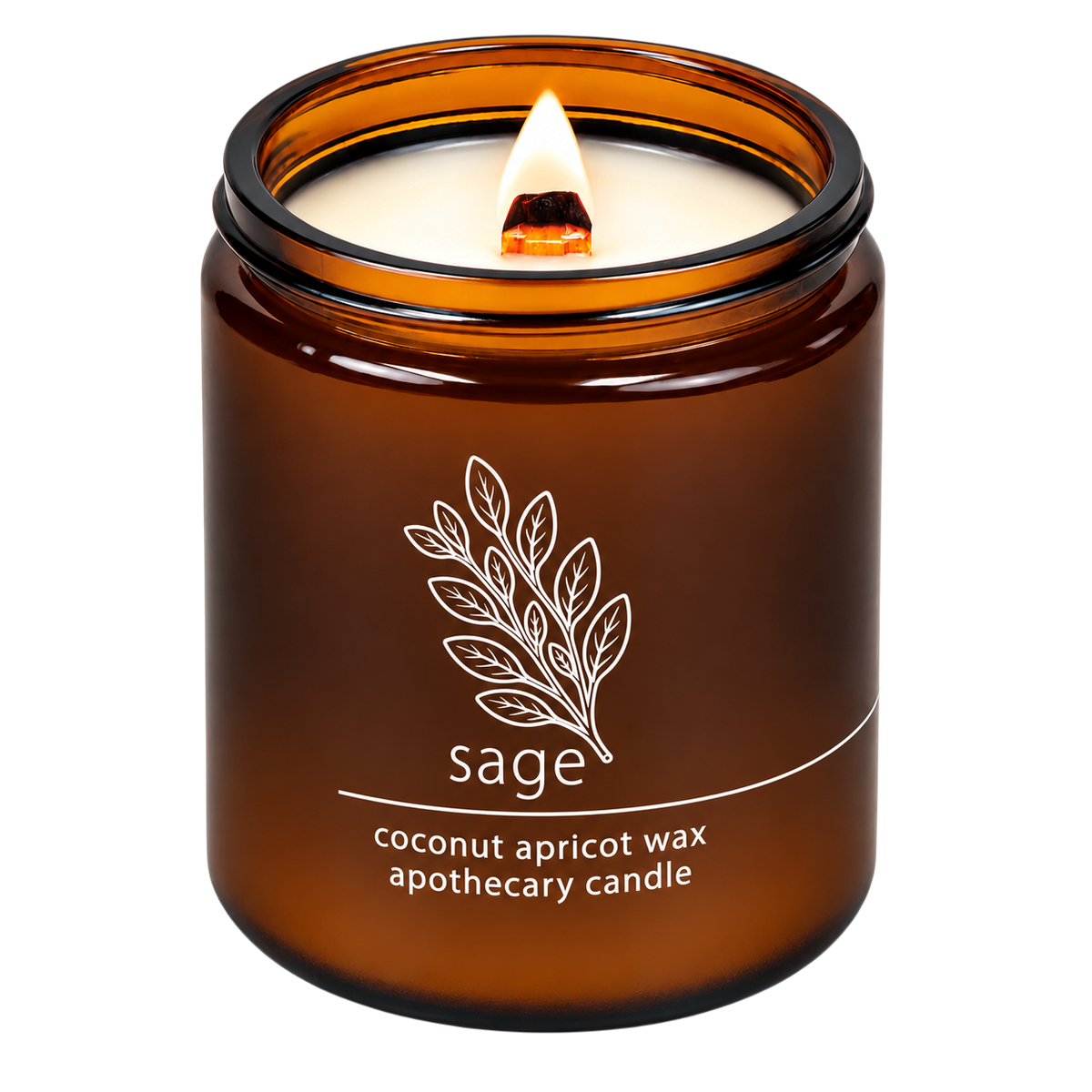 Hemlock Park Sage Apothecary Candle in an amber glass jar with a burning wooden wick and botanical label design.