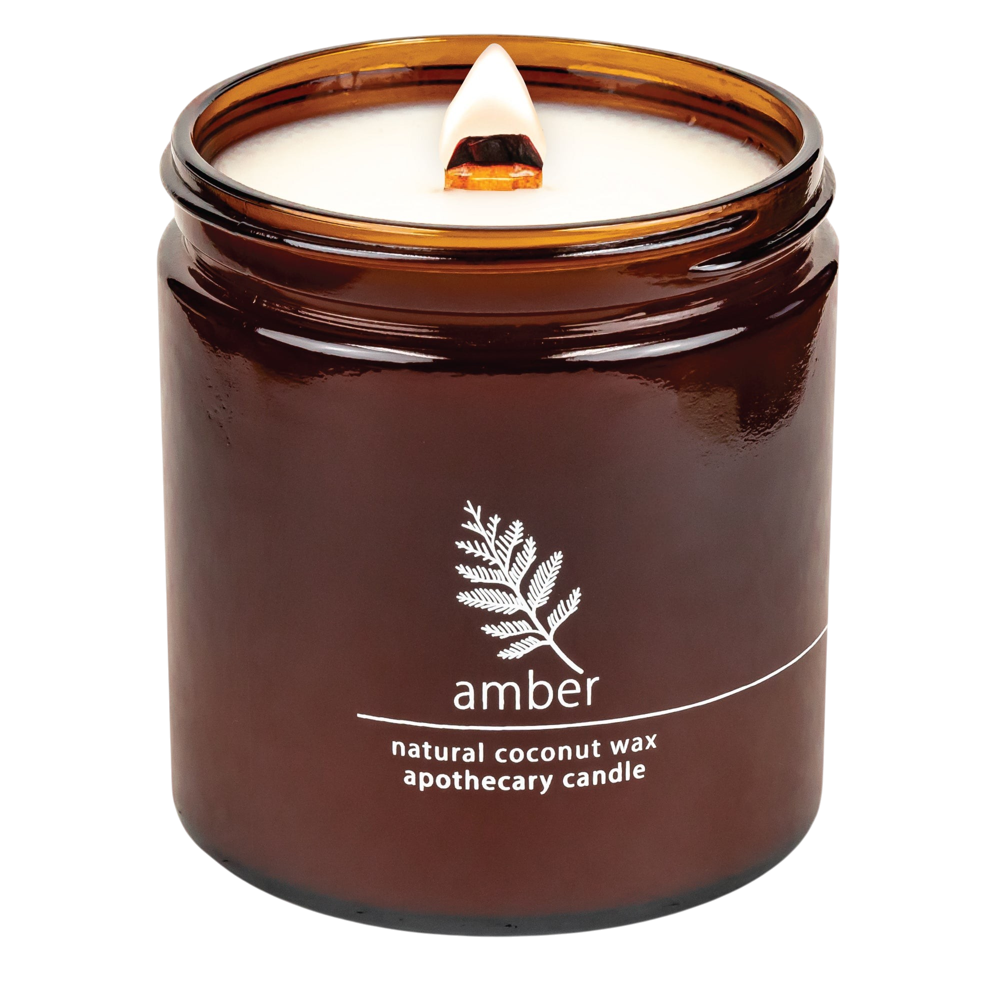 Hemlock Park Amber Apothecary candle in a brown glass jar with a natural wooden wick and coconut wax blend.