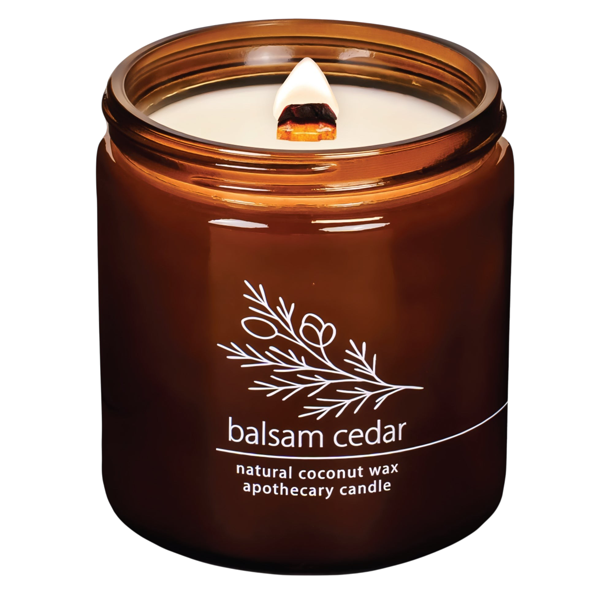 Hemlock Park Balsam Cedar apothecary candle in an amber glass jar with a wooden wick and white botanical label.