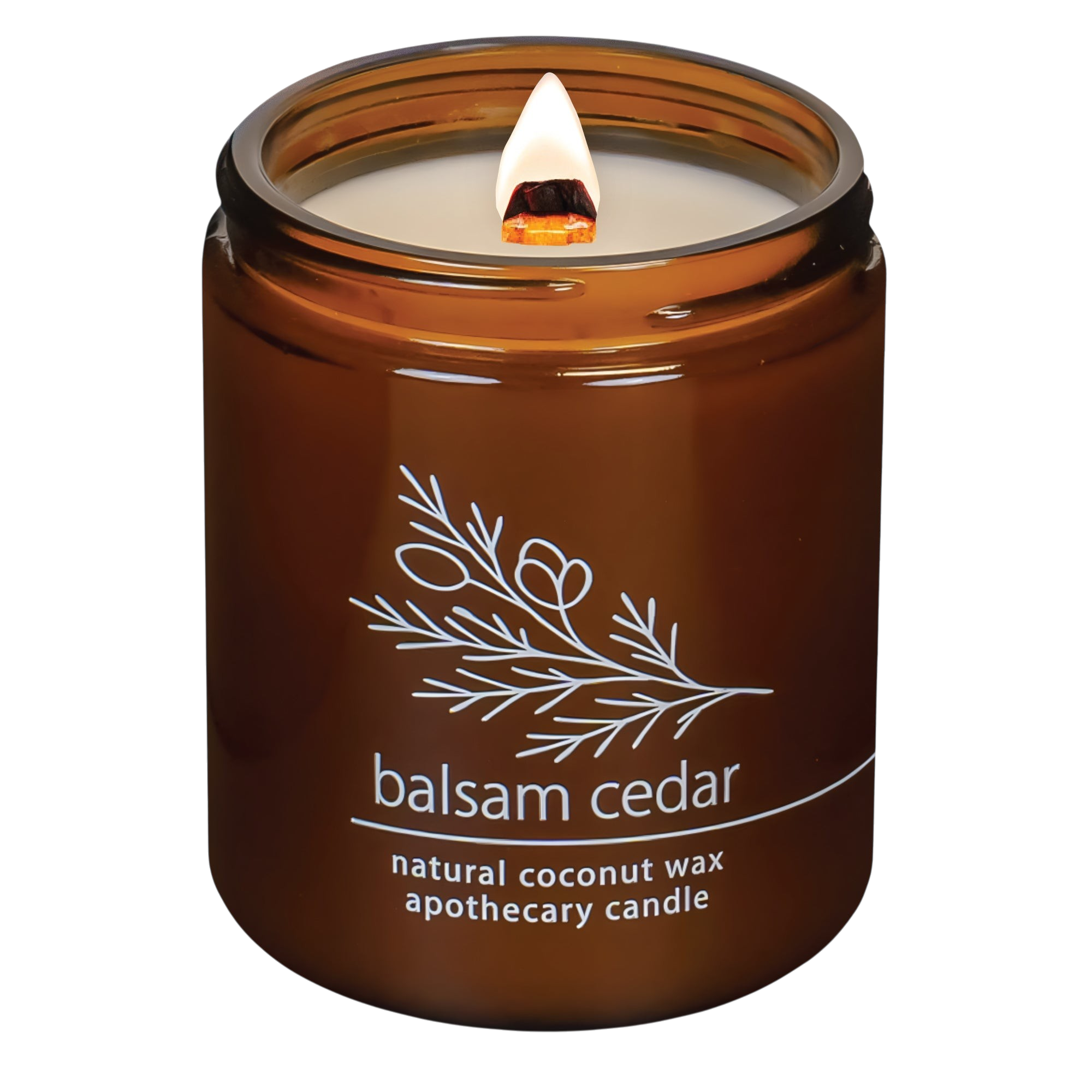 Hemlock Park Balsam Cedar apothecary candle in a brown glass jar with a lit wooden wick and botanical label design.