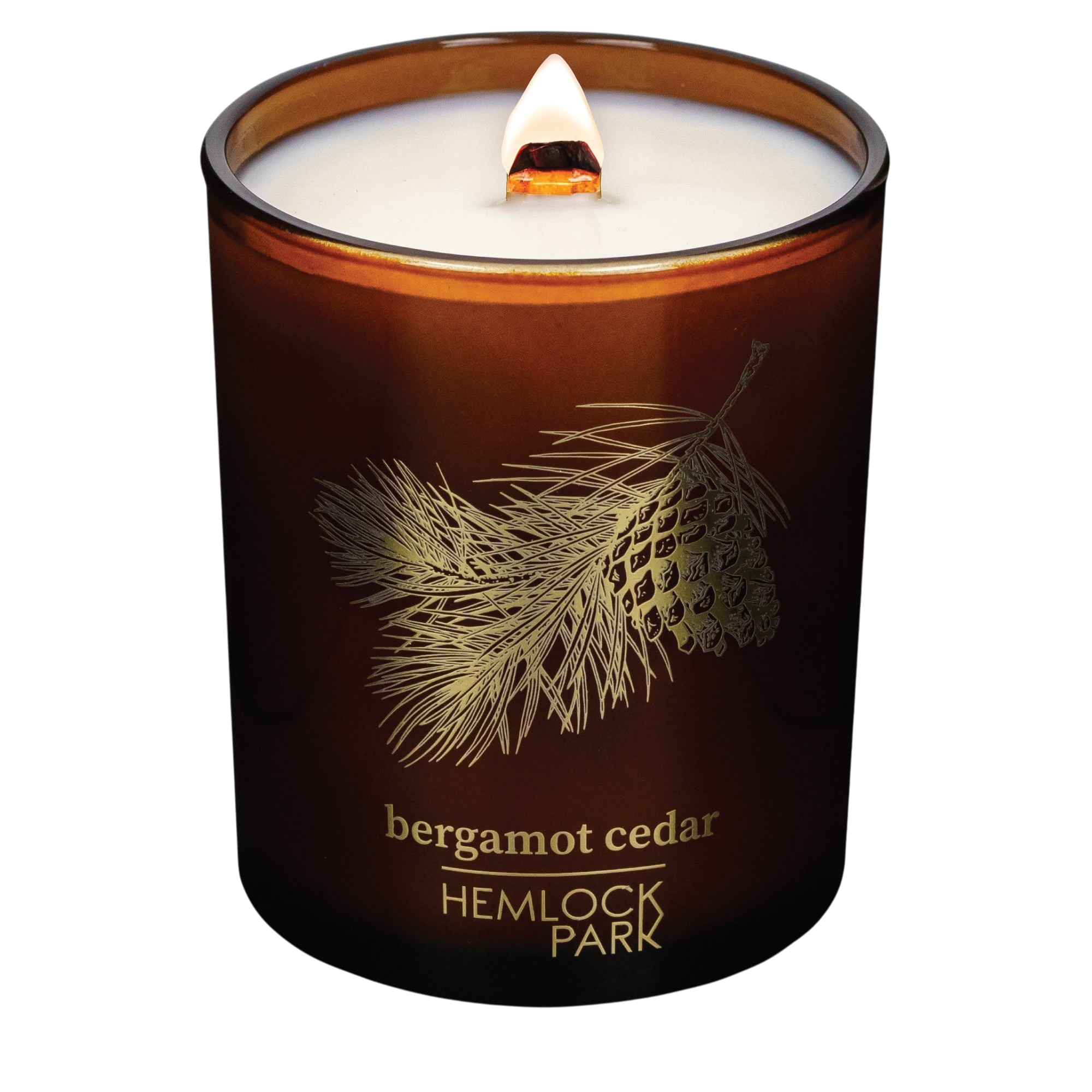 Hemlock Park Bergamot Cedar candle in a brown glass jar with a gold pinecone illustration and lit wooden wick.