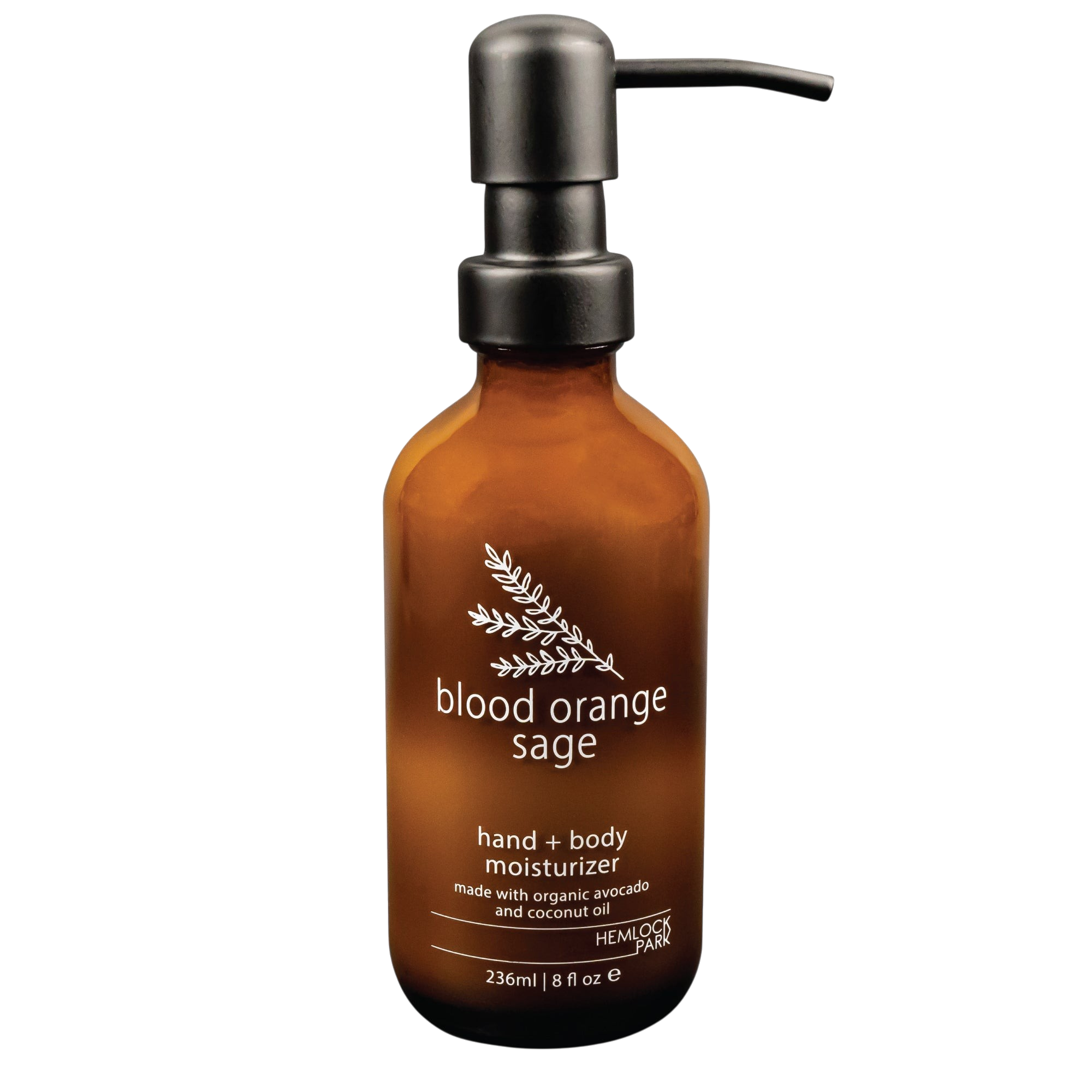 Hemlock Park Blood Orange Sage botanical hand and body moisturizer in an amber glass pump bottle.