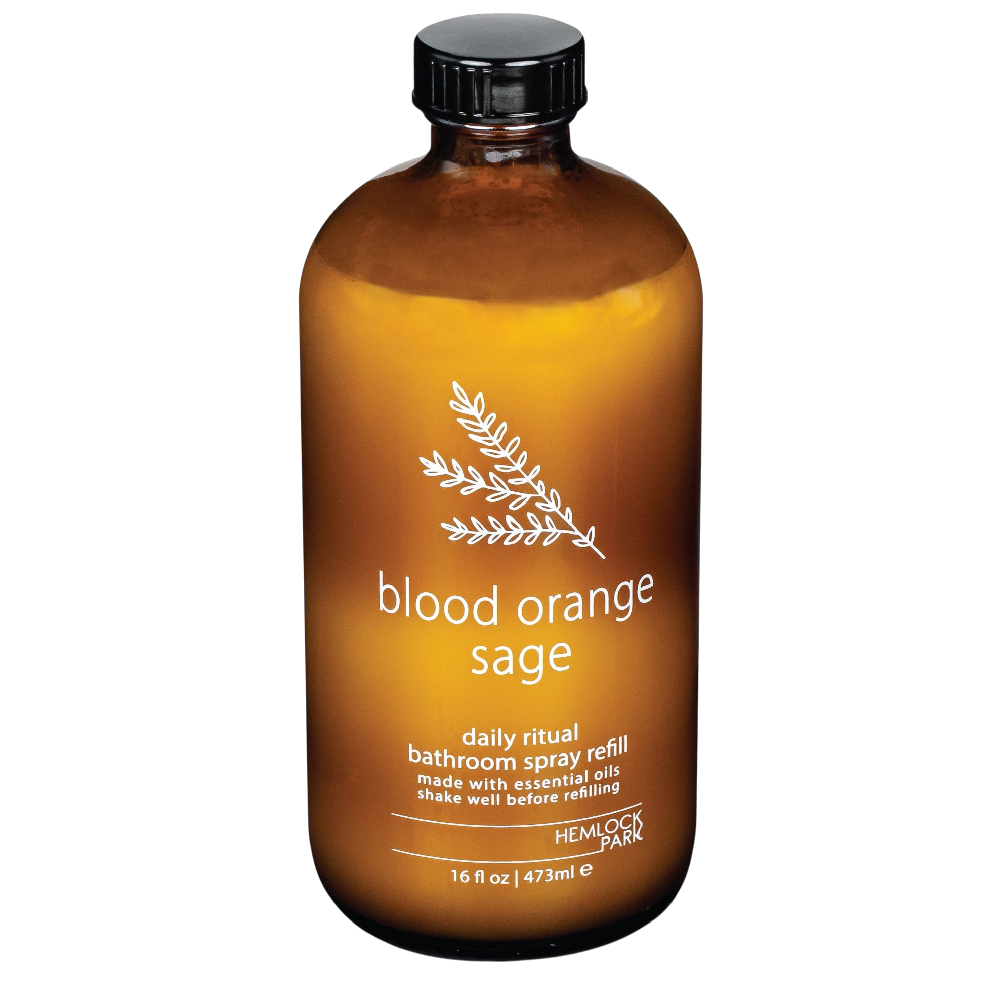 Hemlock Park Blood Orange Sage room spray in an amber glass bottle with a black cap and white botanical label.