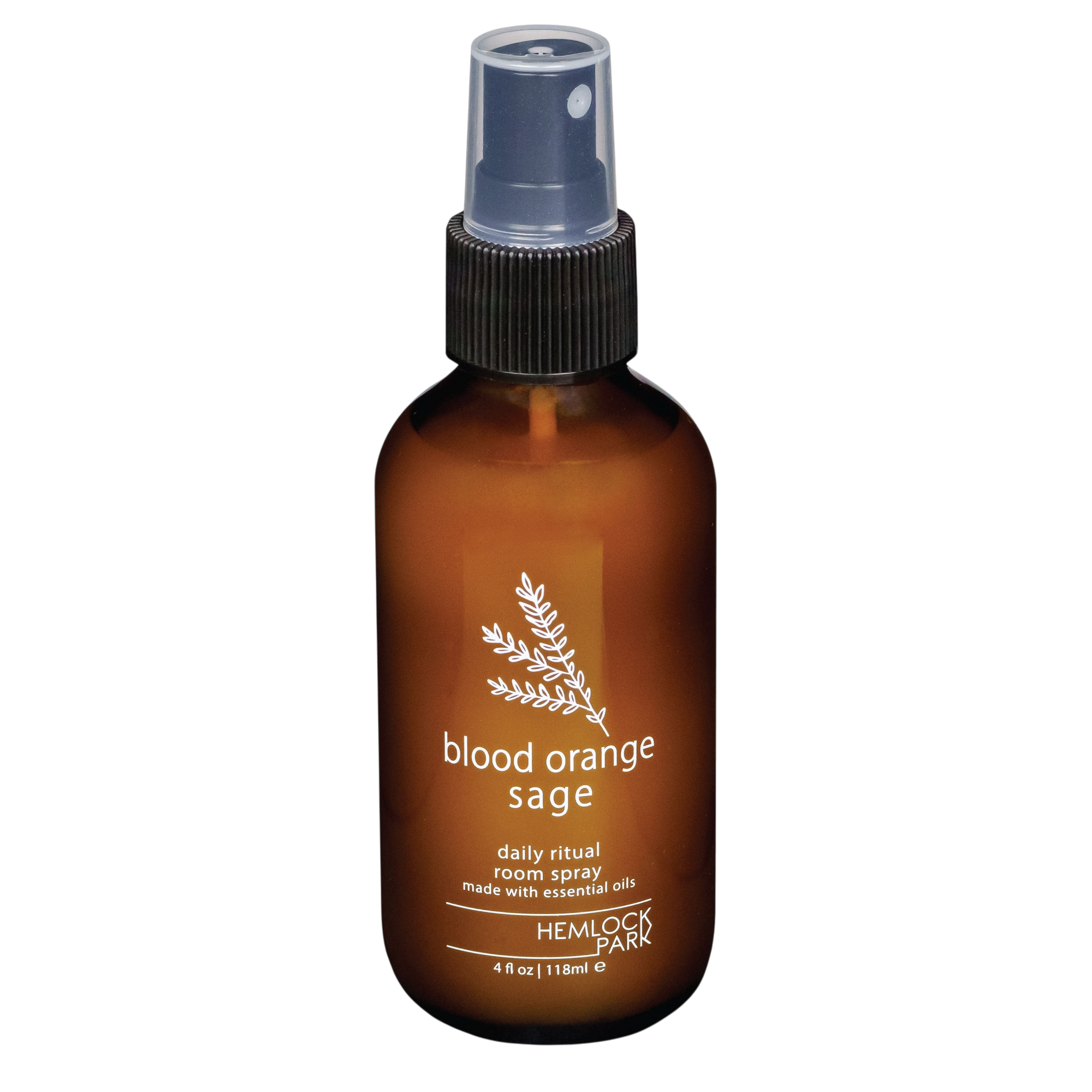 Hemlock Park Blood Orange Sage room spray in an amber glass bottle with a black spray nozzle and botanical label.