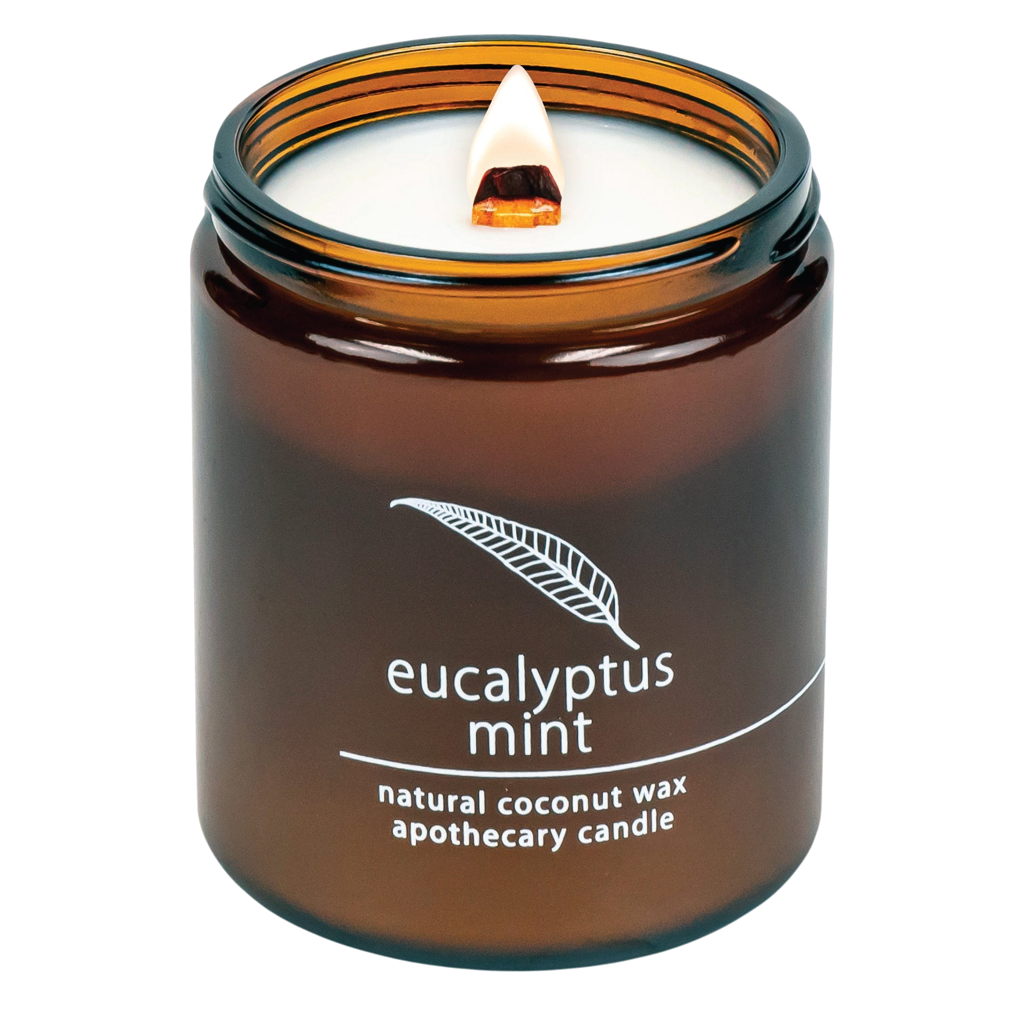 Hemlock Park Eucalyptus Mint apothecary candle in an amber glass jar with a lit wooden wick