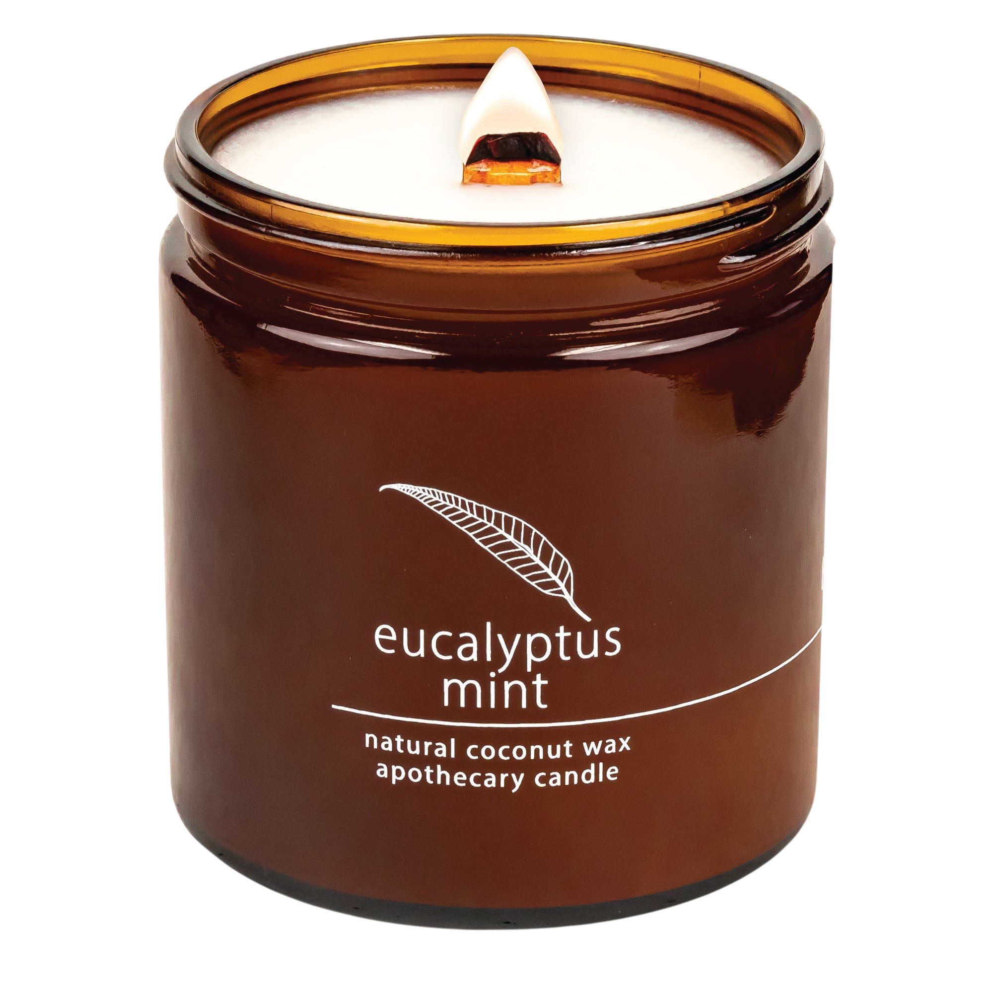 Hemlock Park Eucalyptus Mint apothecary candle in an amber glass jar with a lit wooden wick and natural coconut wax.