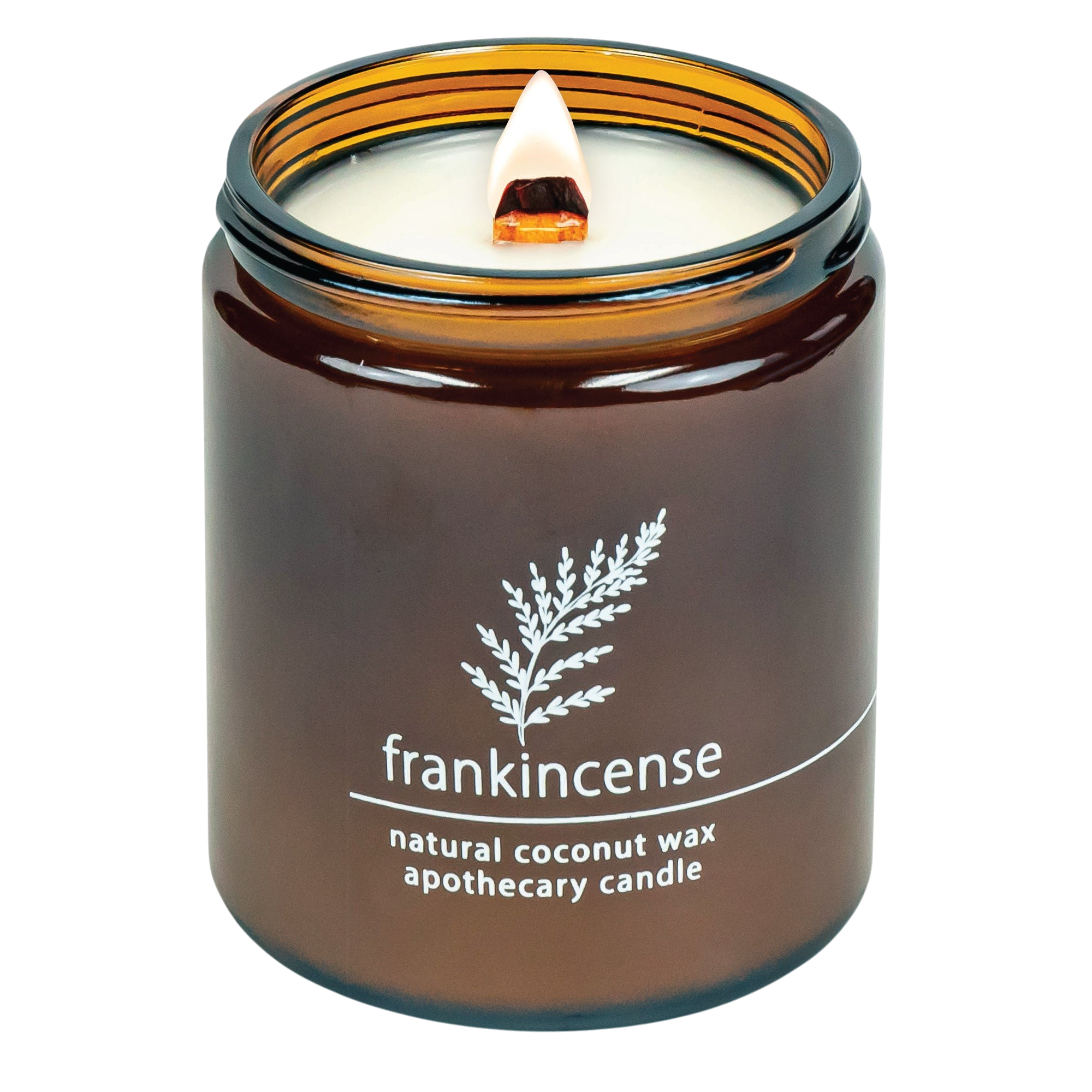 Hemlock Park Frankincense apothecary candle in an amber glass jar with a lit wooden wick and natural coconut wax.