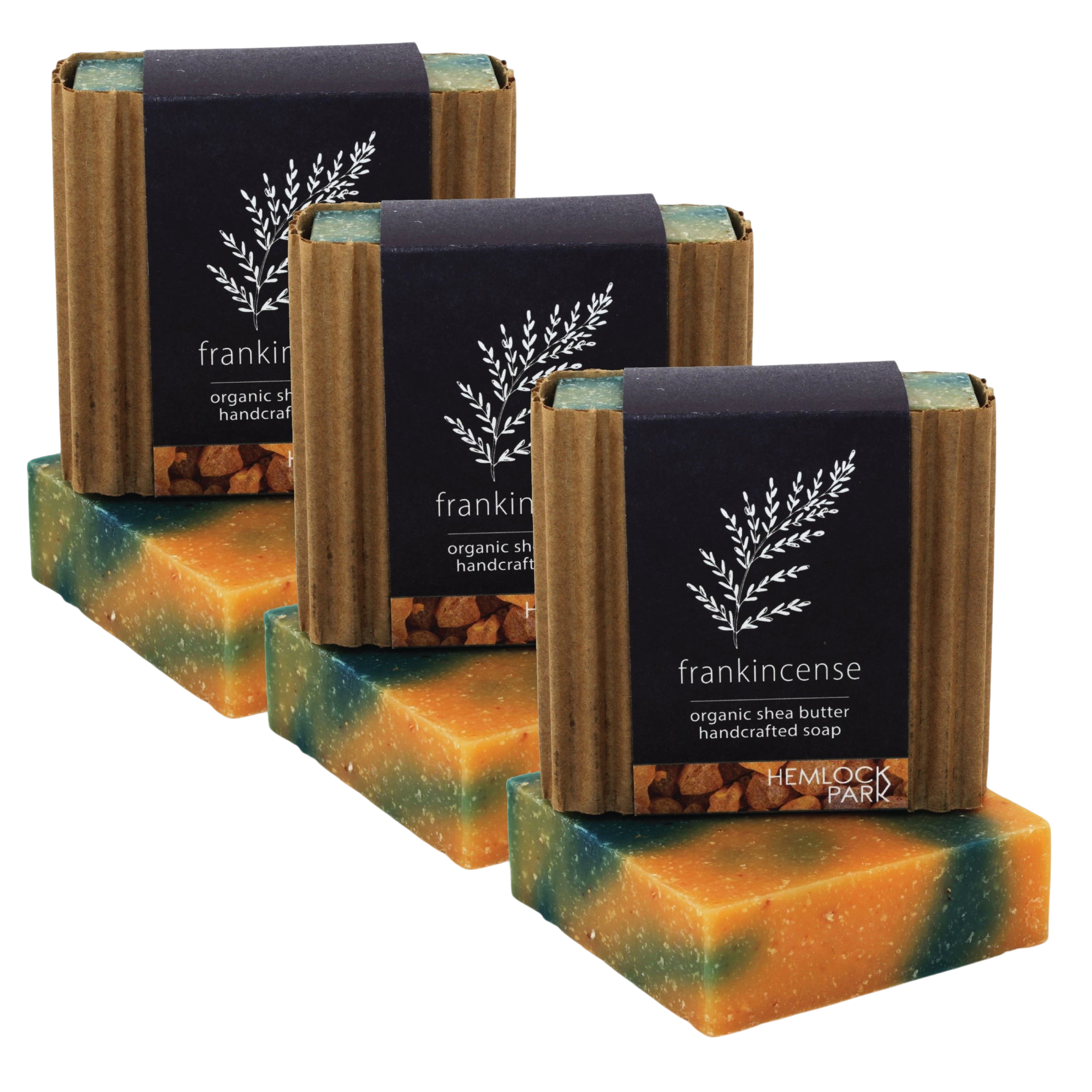 Hemlock Park frankincense organic shea butter soap bars with rustic cardboard packaging and botanical illustrations.