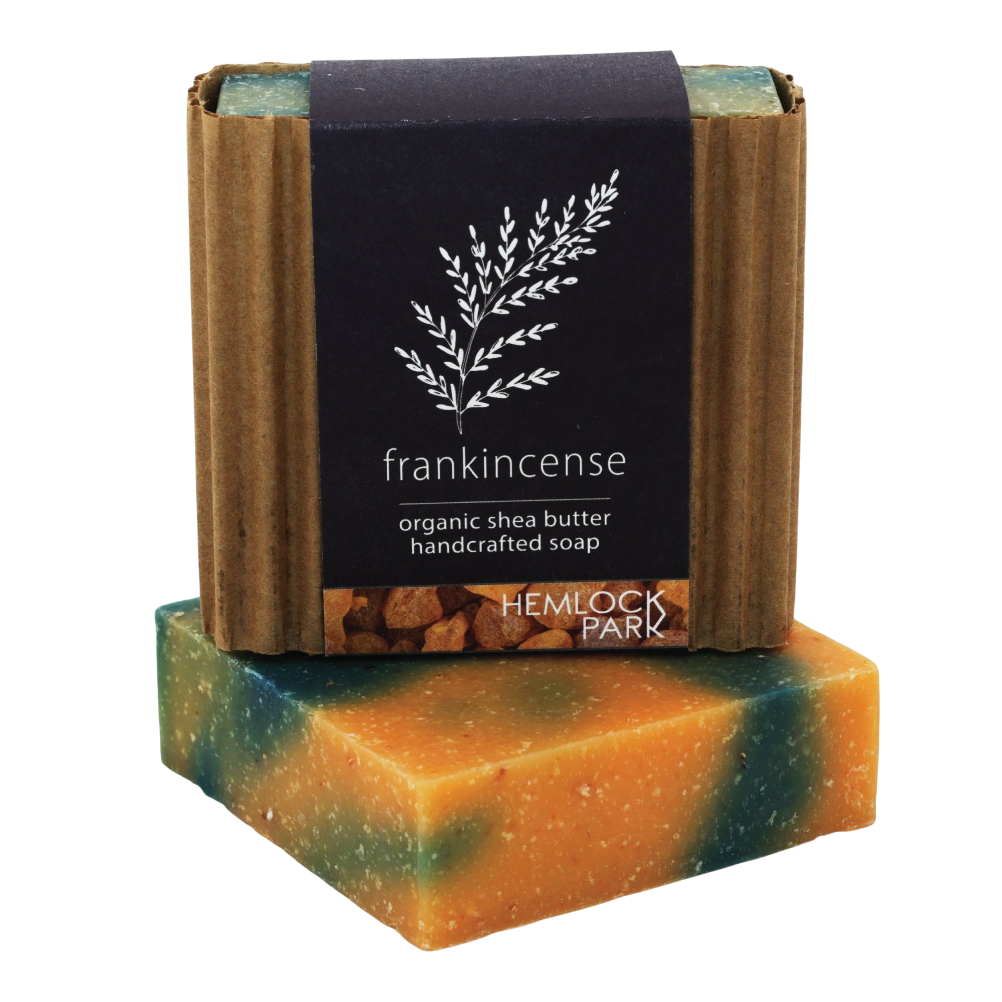 Hemlock Park frankincense organic shea butter handcrafted soap bars with orange and green marbled texture