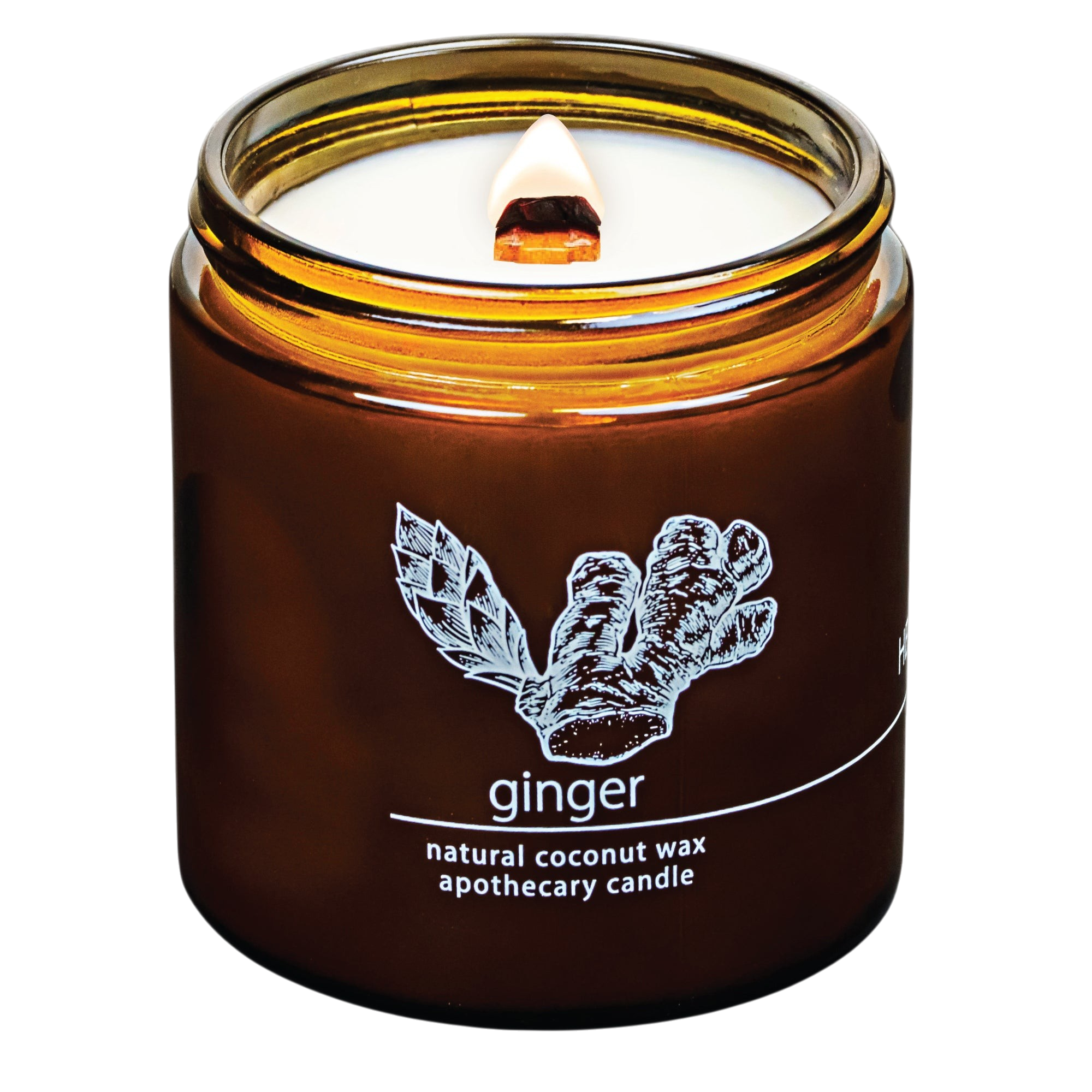 Hemlock Park ginger scented apothecary candle in an amber glass jar with a crackling wooden wick and coconut wax.