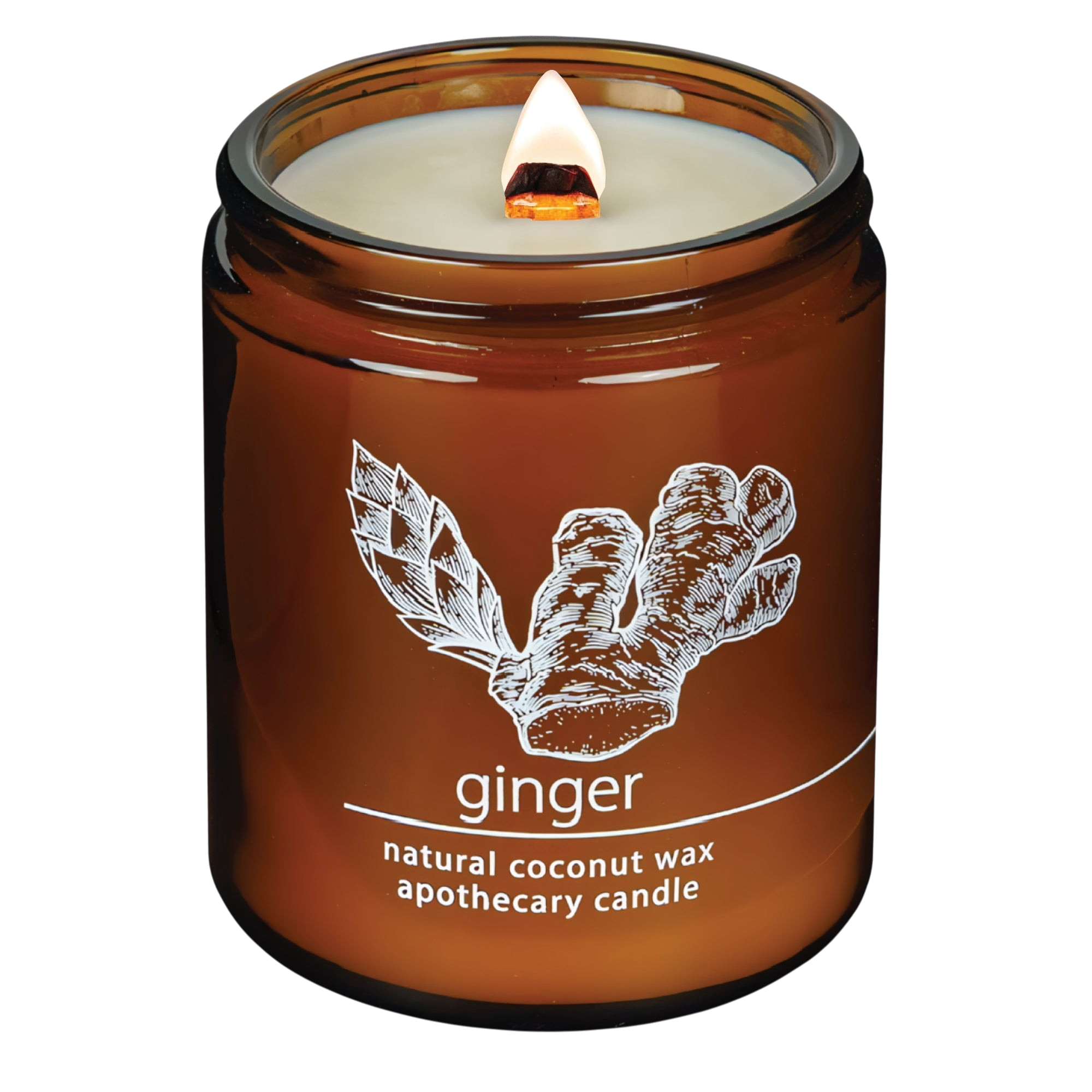 Hemlock Park ginger scented apothecary candle in an amber glass jar with a lit crackling wooden wick