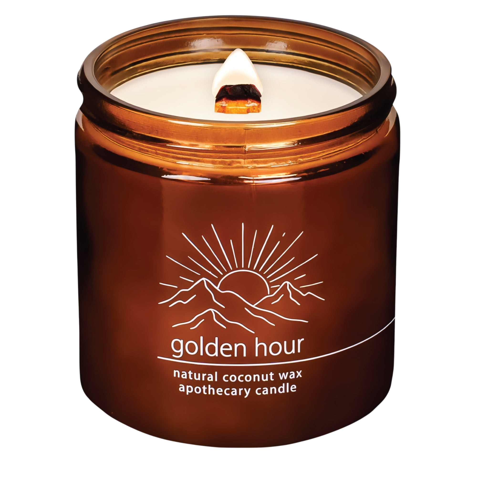 Hemlock Park Golden Hour apothecary candle in an amber glass jar with a lit wooden wick and mountain sun label design.