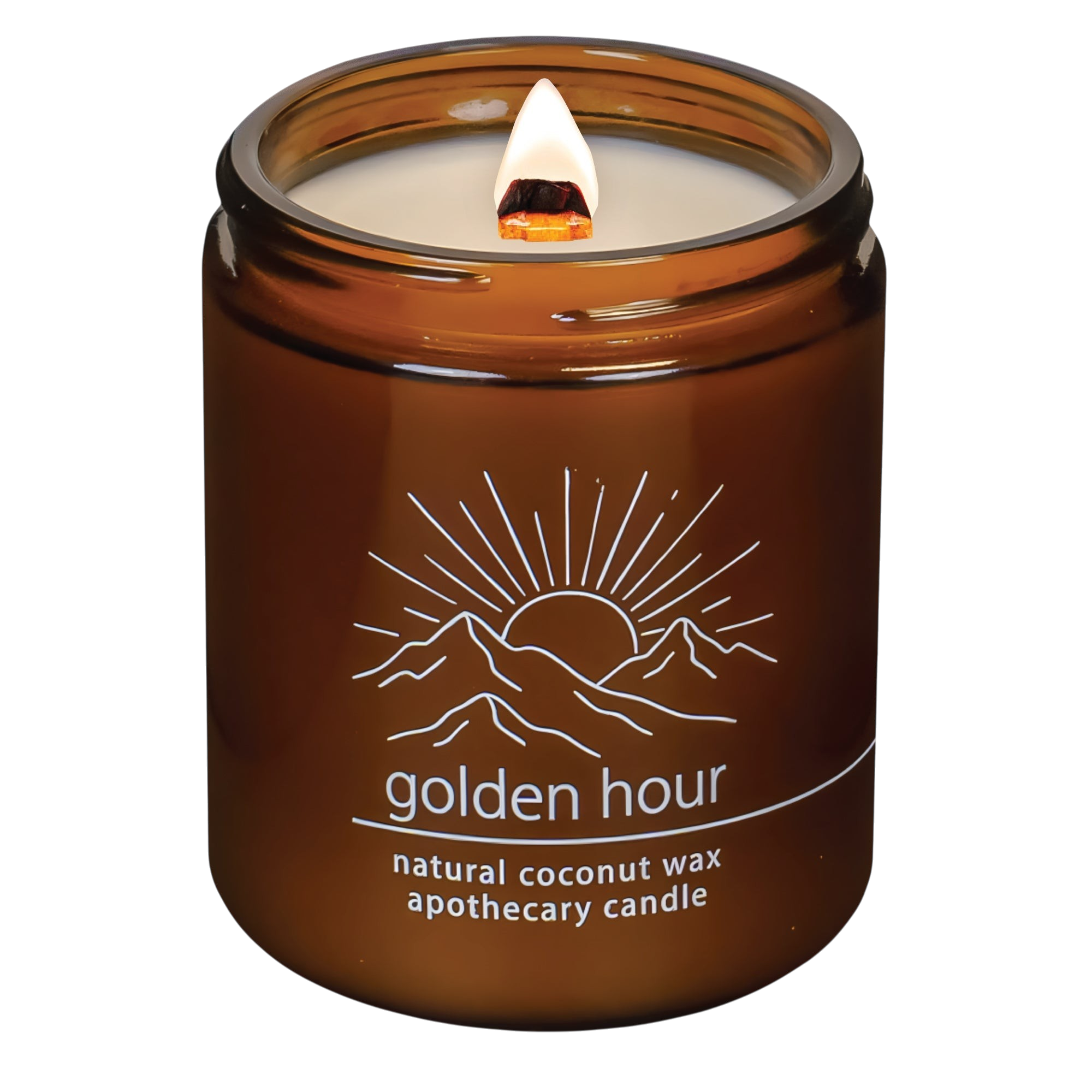 Hemlock Park Golden Hour apothecary candle in an amber glass jar with a lit wooden wick and mountain sun logo