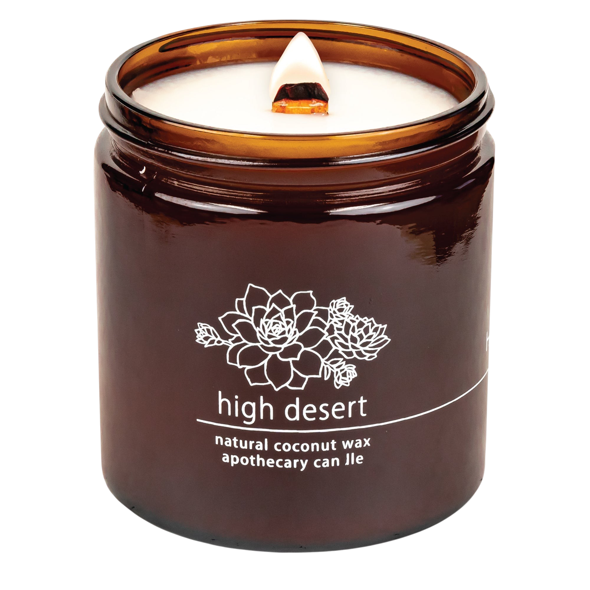 Hemlock Park High Desert apothecary candle in an amber glass jar with a natural wooden wick and succulent label art.