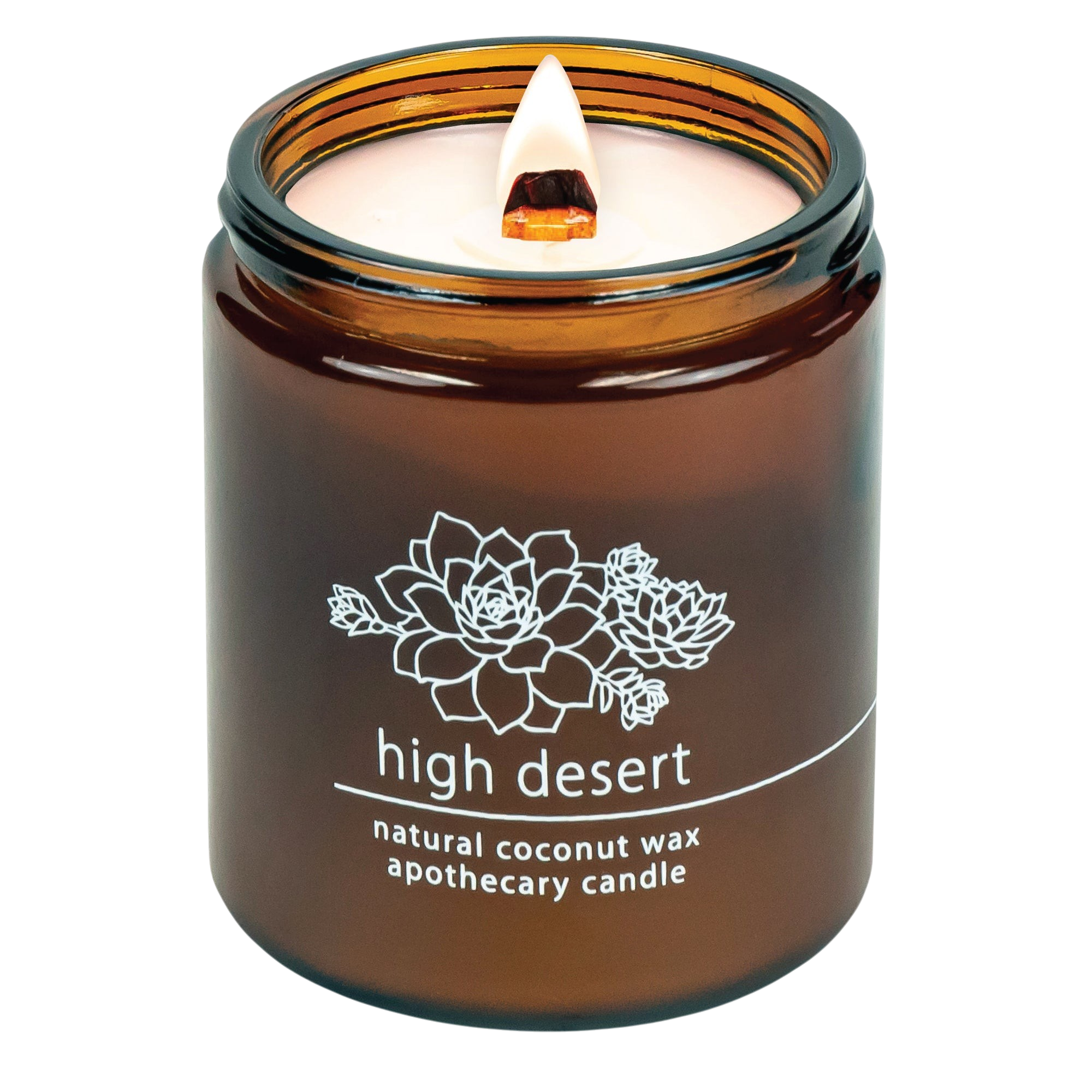 Hemlock Park High Desert apothecary candle in an amber glass jar with a lit wooden wick and succulent illustration.
