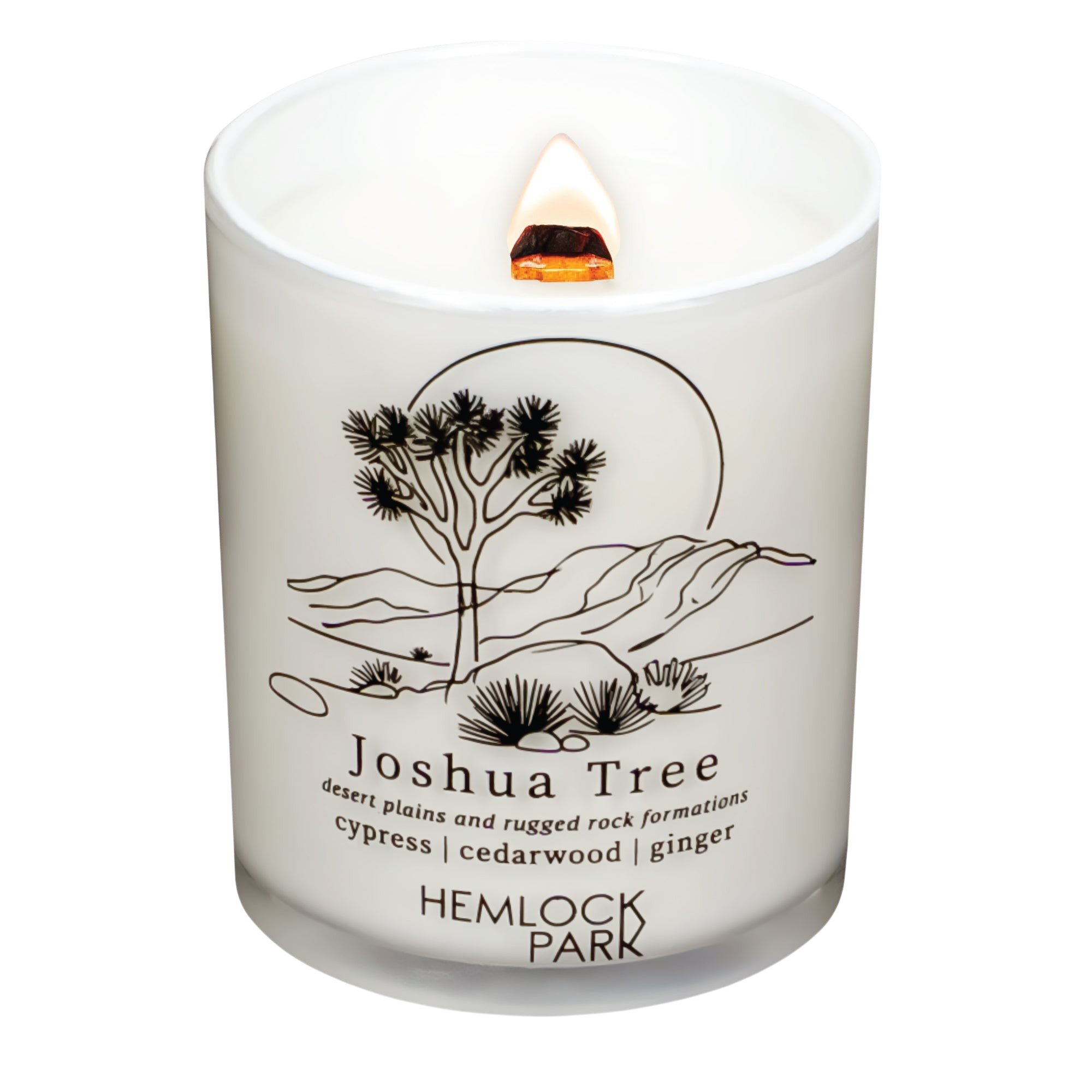 Hemlock Park Joshua Tree scented candle in a white frosted glass jar with a wooden wick and desert landscape print