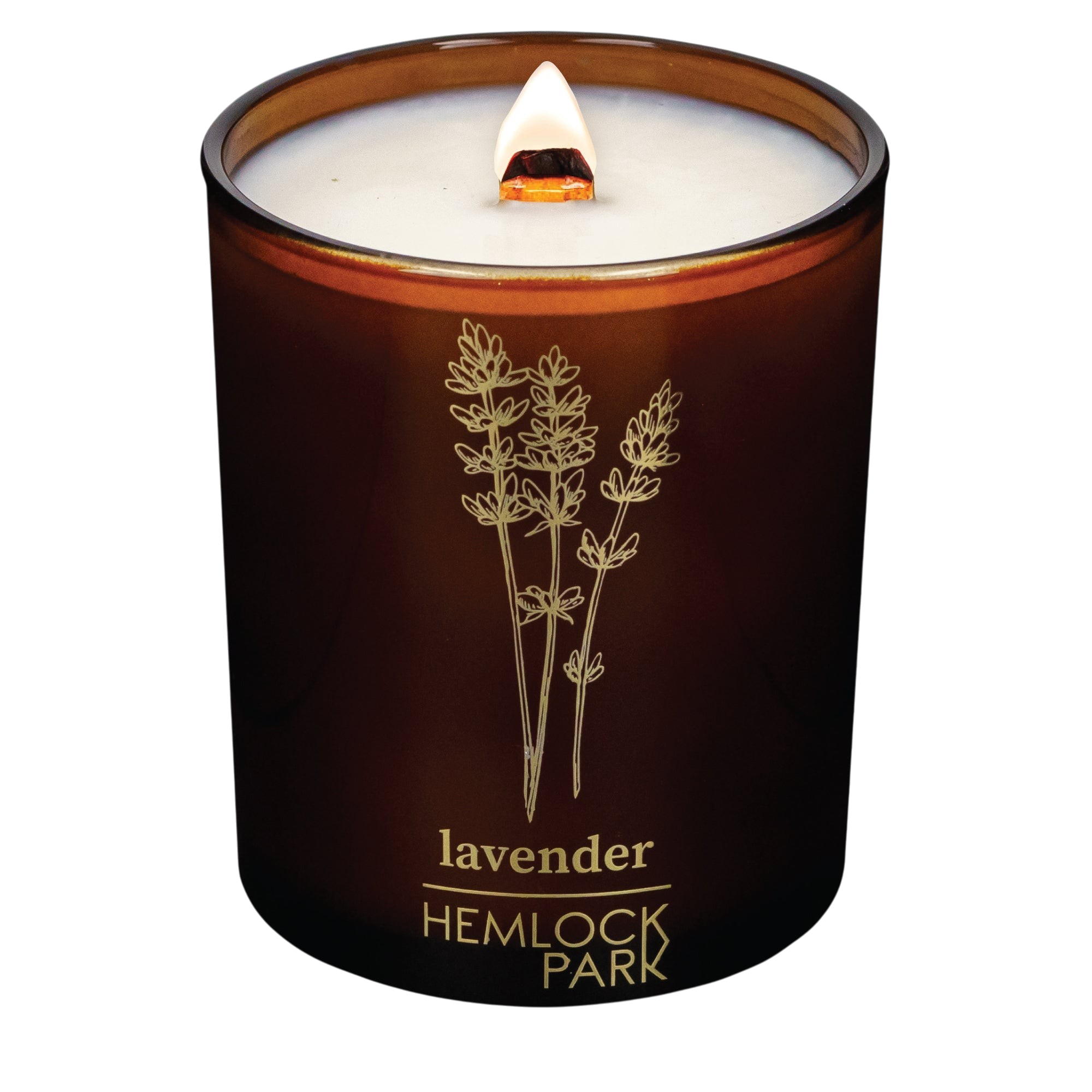 Hemlock Park Lavender Amber & Gold candle in a brown glass jar with a lit wooden wick and botanical lavender print.