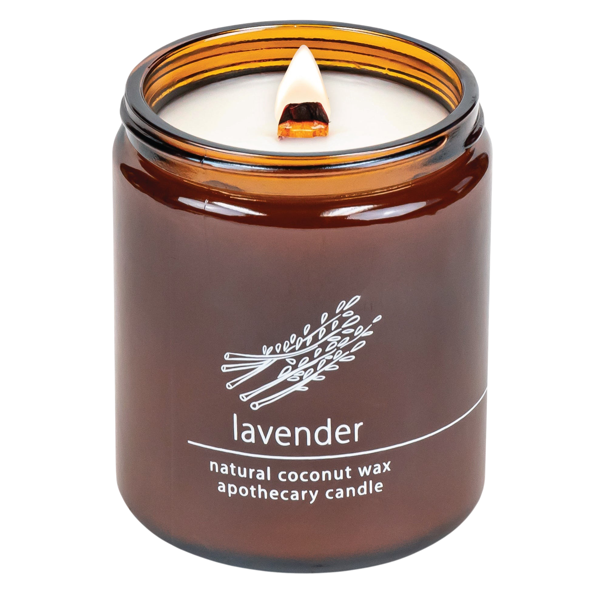 Hemlock Park lavender apothecary candle in an amber glass jar with a lit wooden wick and botanical label.