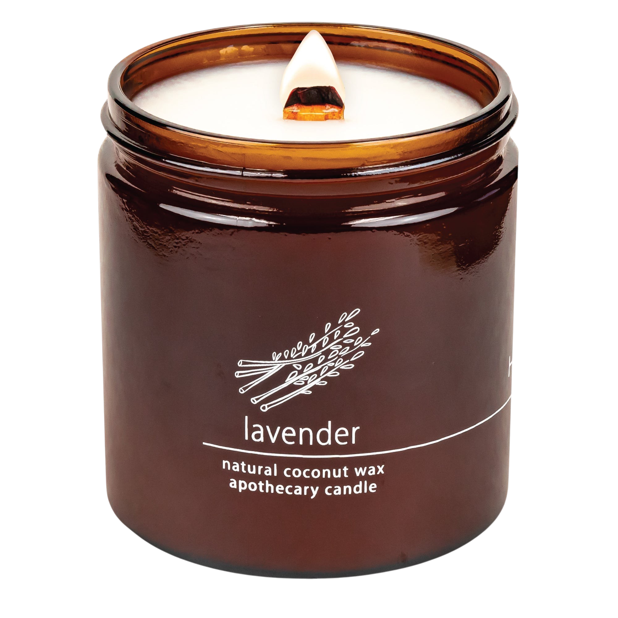 Hemlock Park lavender apothecary candle in an amber glass jar with a wooden wick and natural coconut wax