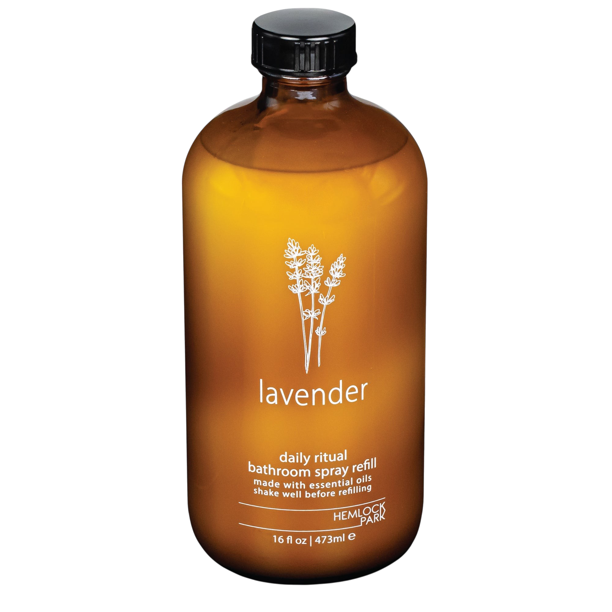 Hemlock Park lavender room spray in a 16 oz amber glass bottle with a black cap and botanical label design.