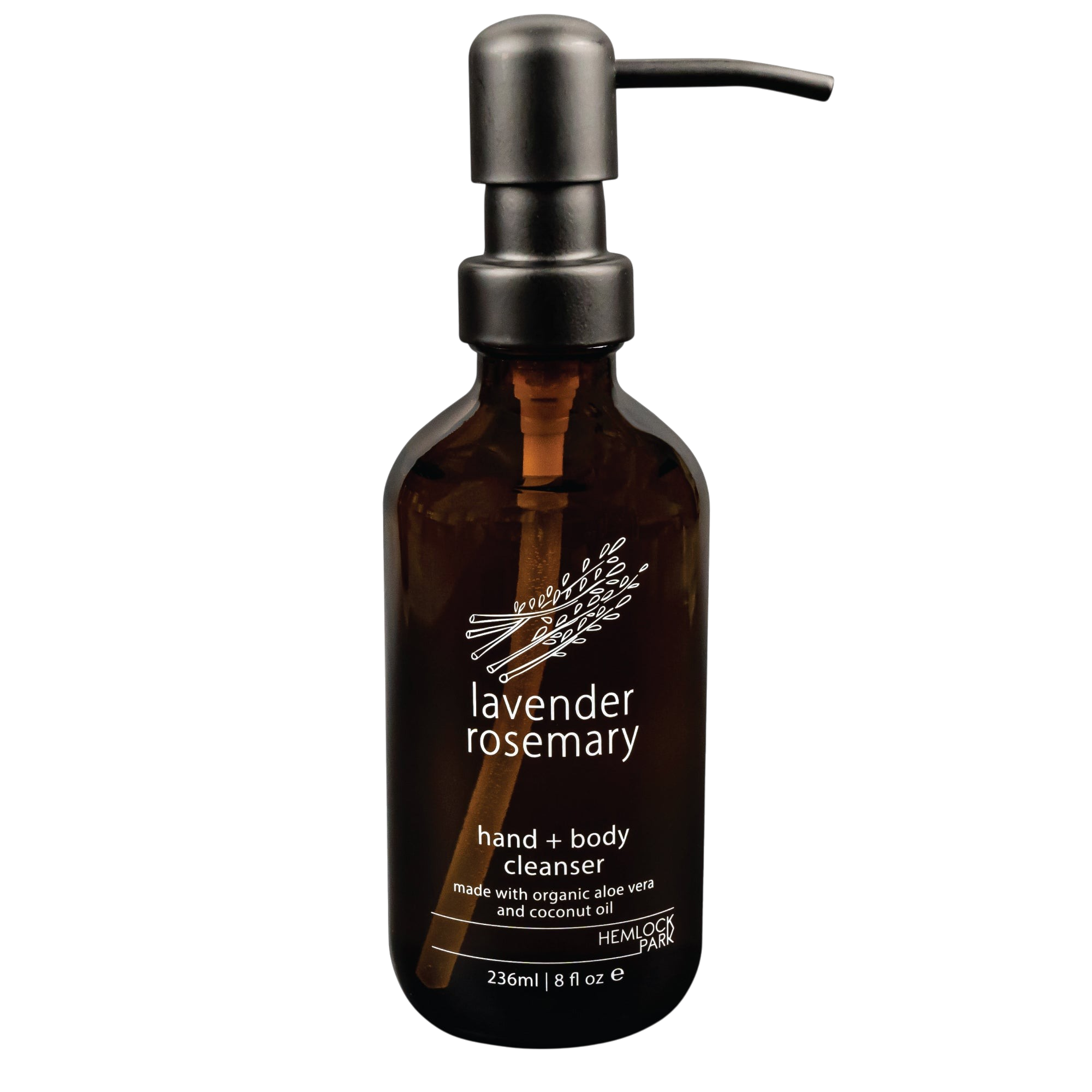 Hemlock Park lavender rosemary botanical hand and body cleanser in an amber glass pump bottle.