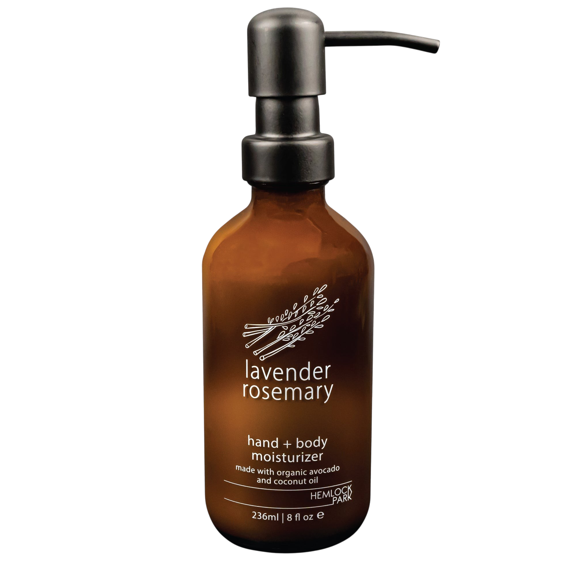 Hemlock Park Lavender Rosemary hand and body moisturizer in an amber glass bottle with a black pump dispenser.