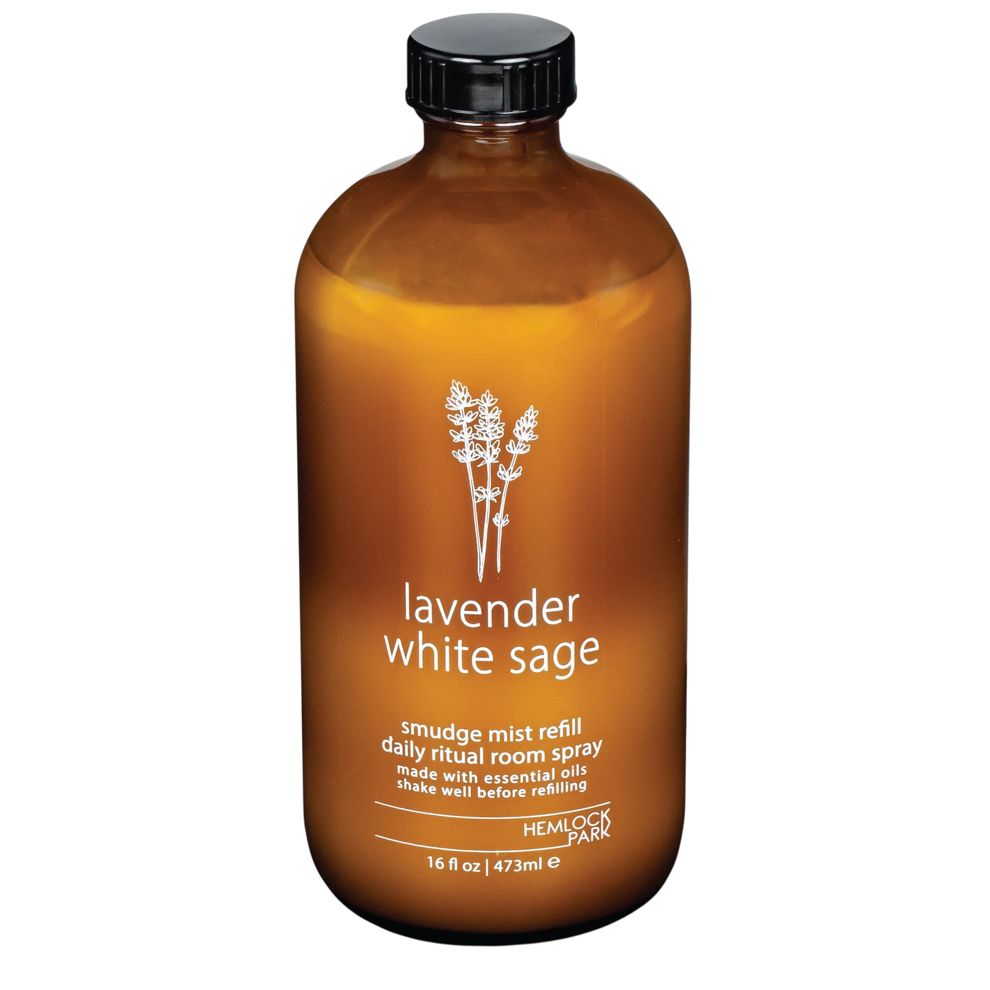Hemlock Park lavender and white sage smudge mist room spray in a 16 oz amber glass bottle with a black cap.