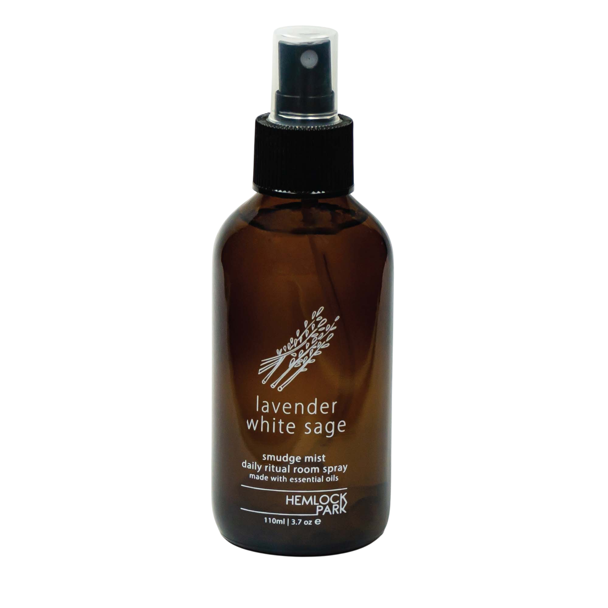 Hemlock Park lavender and white sage smudge mist room spray in an amber glass bottle with a black spray nozzle