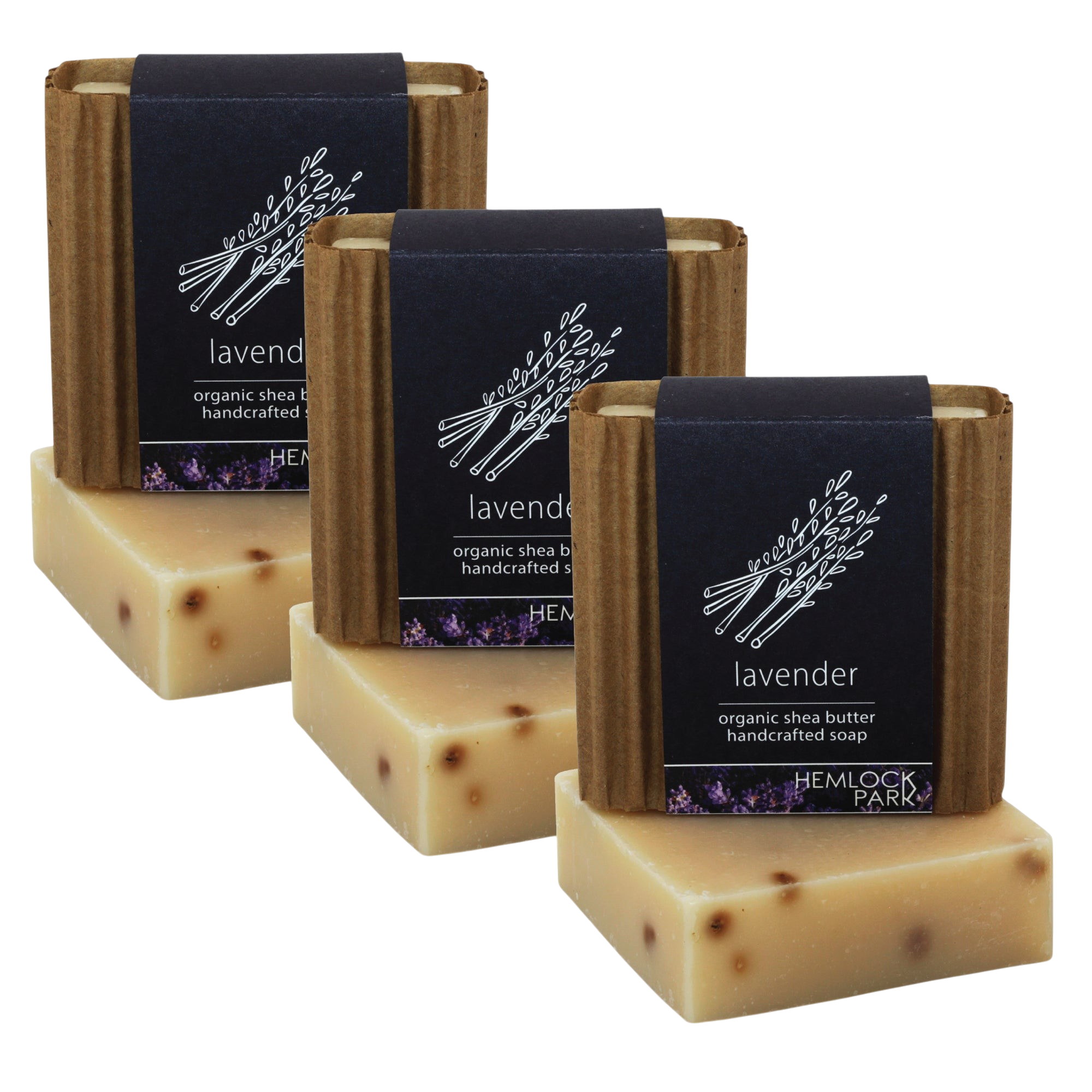 Hemlock Park lavender organic shea butter handcrafted soap bars with floral scent and rustic paper packaging