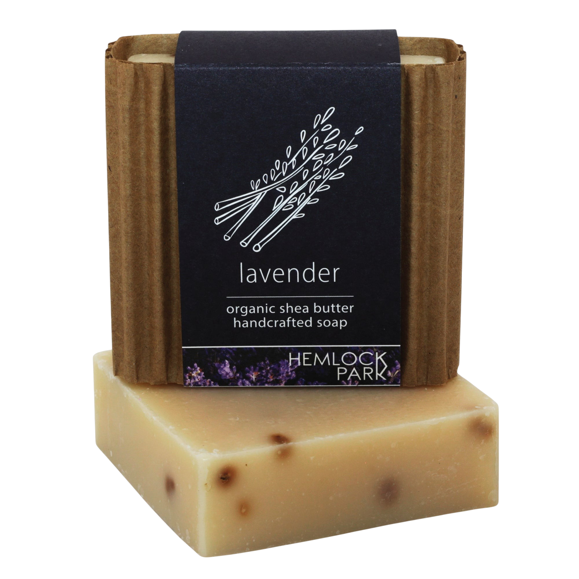 Hemlock Park lavender organic shea butter handcrafted soap bar with rustic brown paper packaging