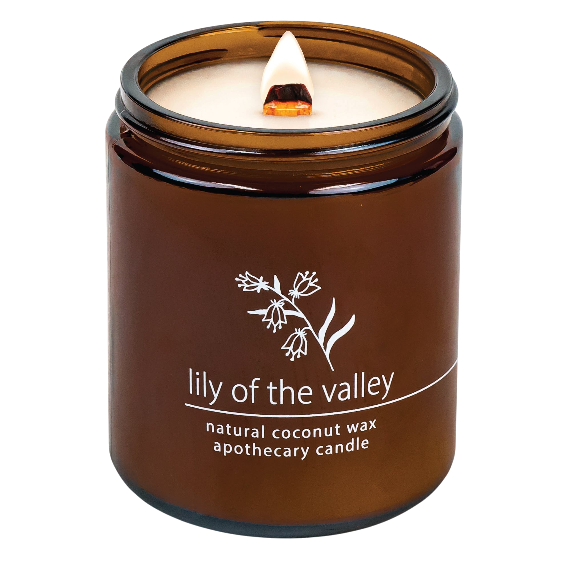 Hemlock Park Lily of the Valley apothecary candle in an amber glass jar with a wooden wick and botanical label.