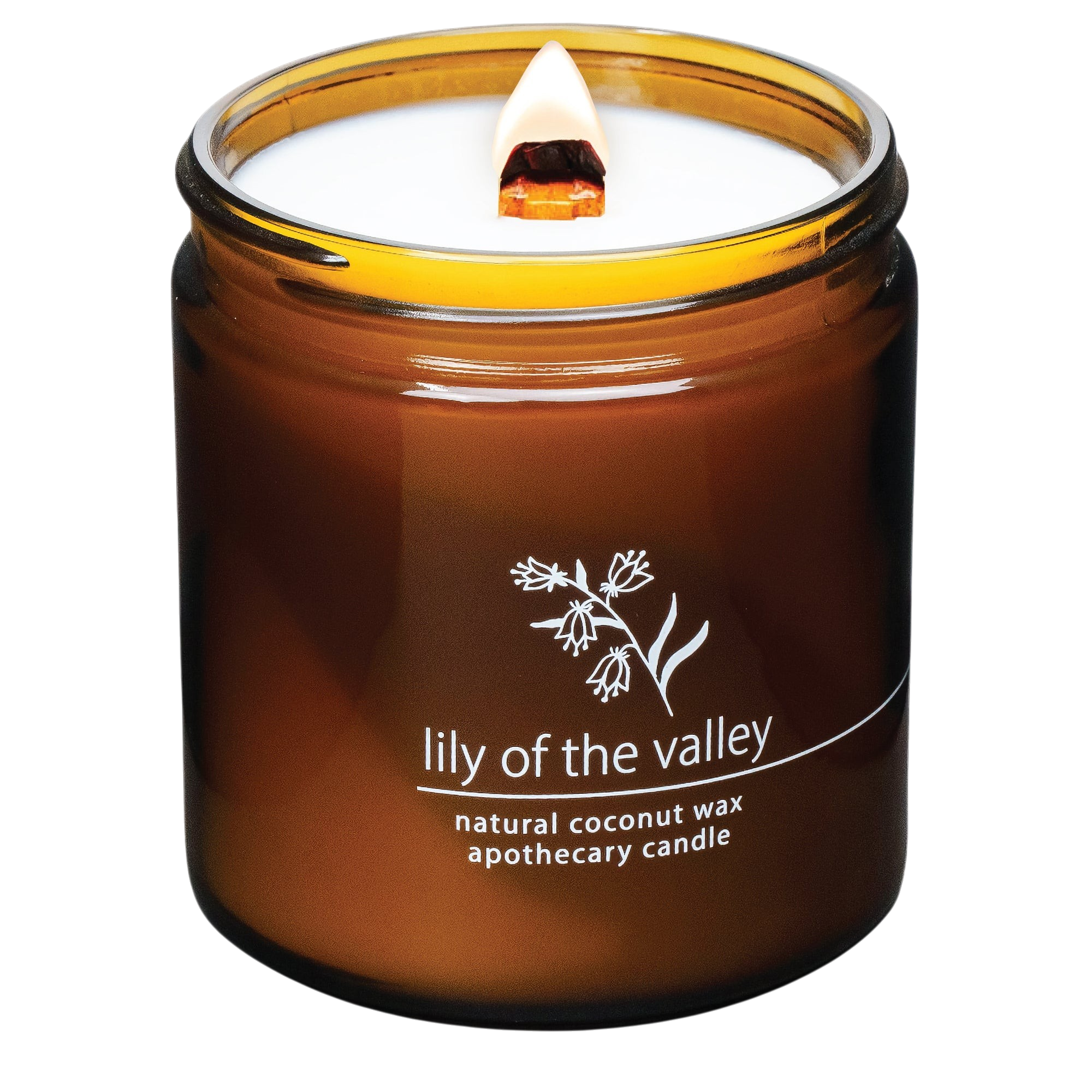 Hemlock Park Lily of the Valley apothecary candle in an amber glass jar with a lit wooden wick.