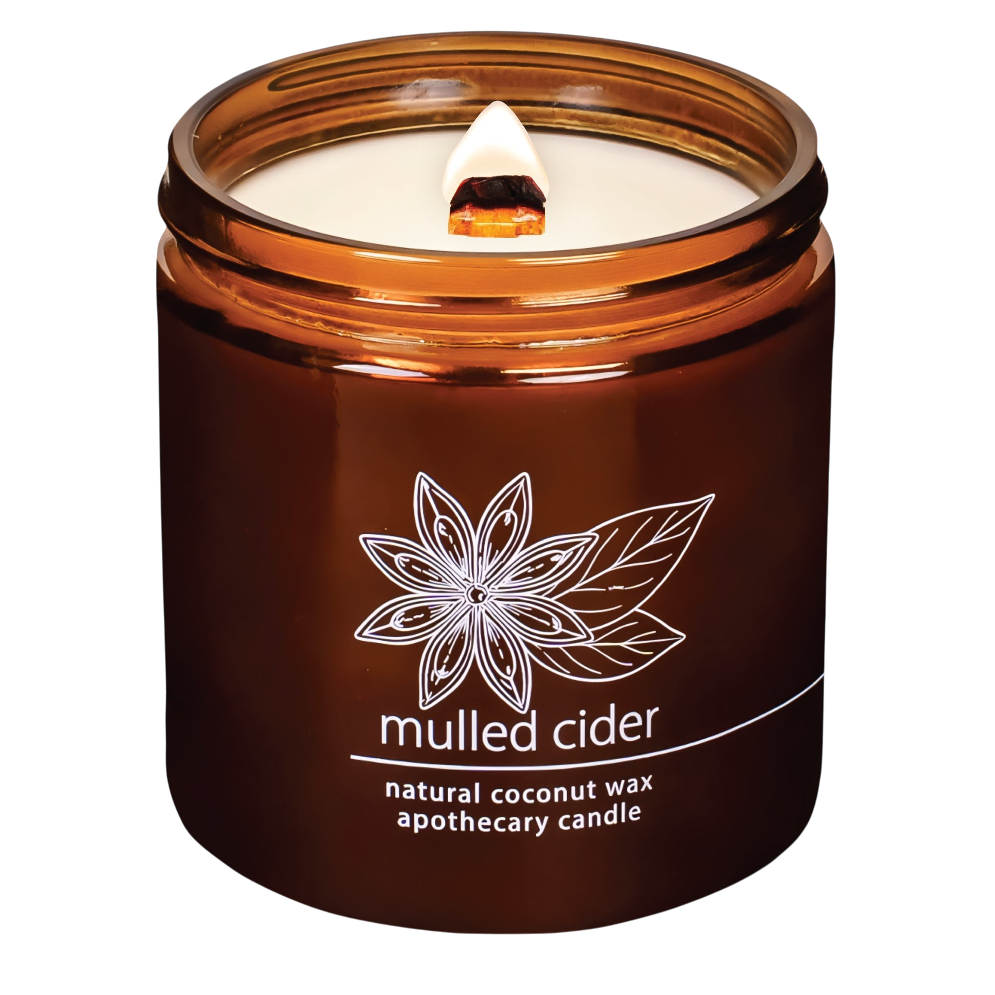 Hemlock Park Mulled Cider apothecary candle in an amber glass jar with a wooden wick and botanical label design.
