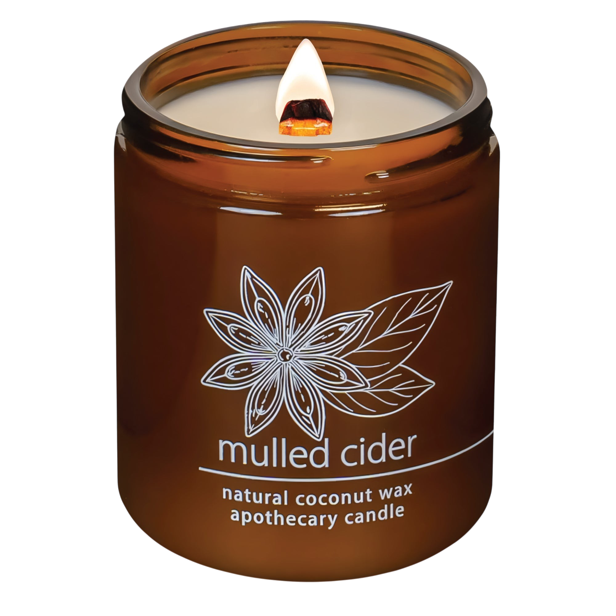 Hemlock Park Mulled Cider apothecary candle in an amber glass jar with a lit wooden wick and botanical label design.