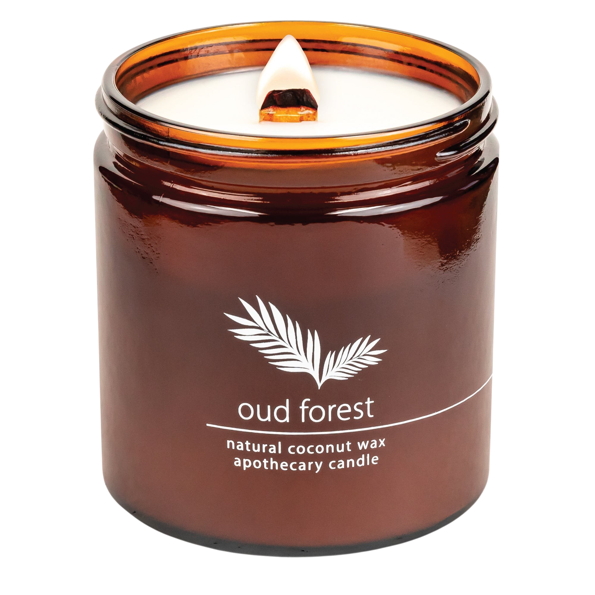 Hemlock Park Oud Forest apothecary candle in an amber glass jar with a wooden wick and natural coconut wax.