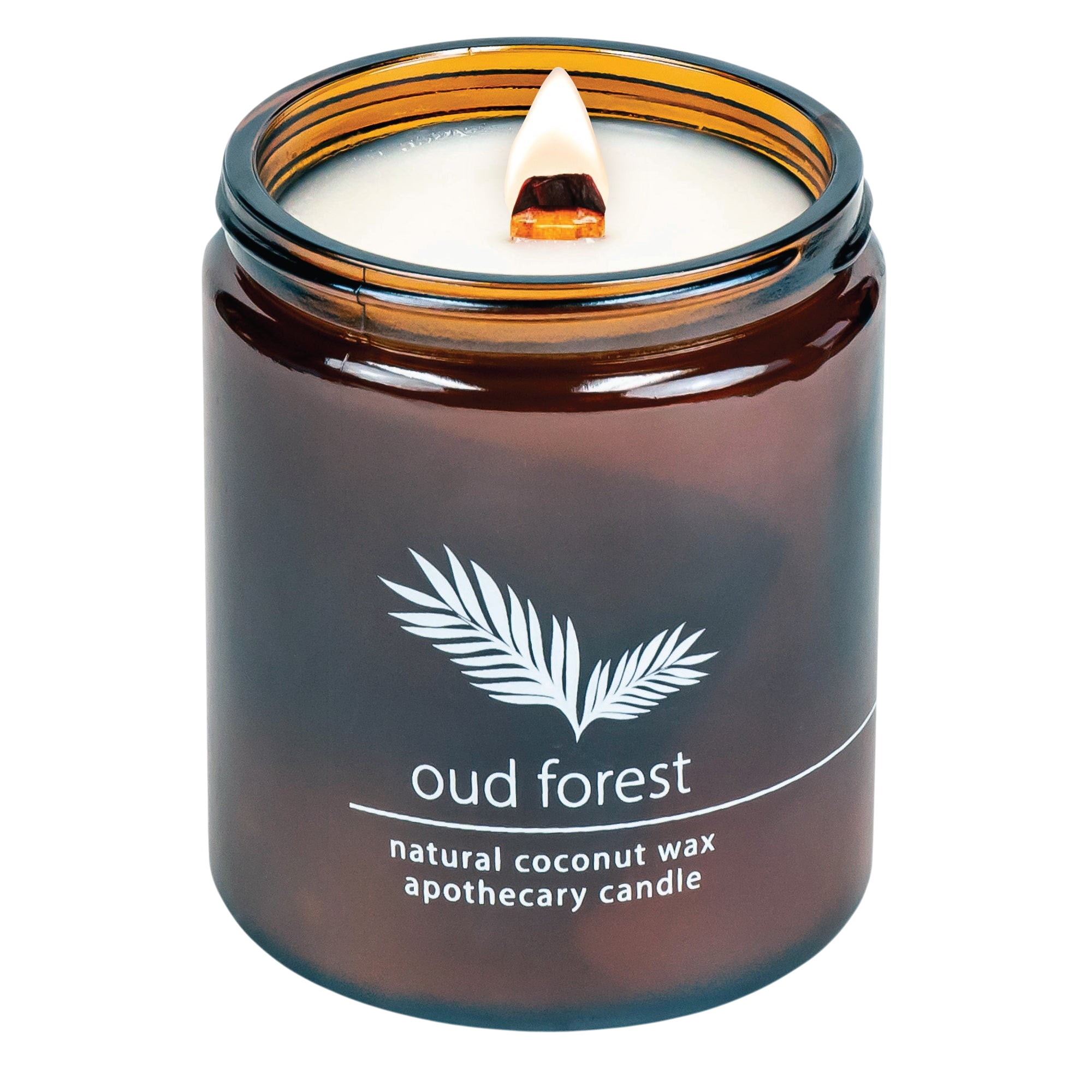 Hemlock Park Oud Forest apothecary candle in a brown glass jar with a lit wooden wick and natural coconut wax.