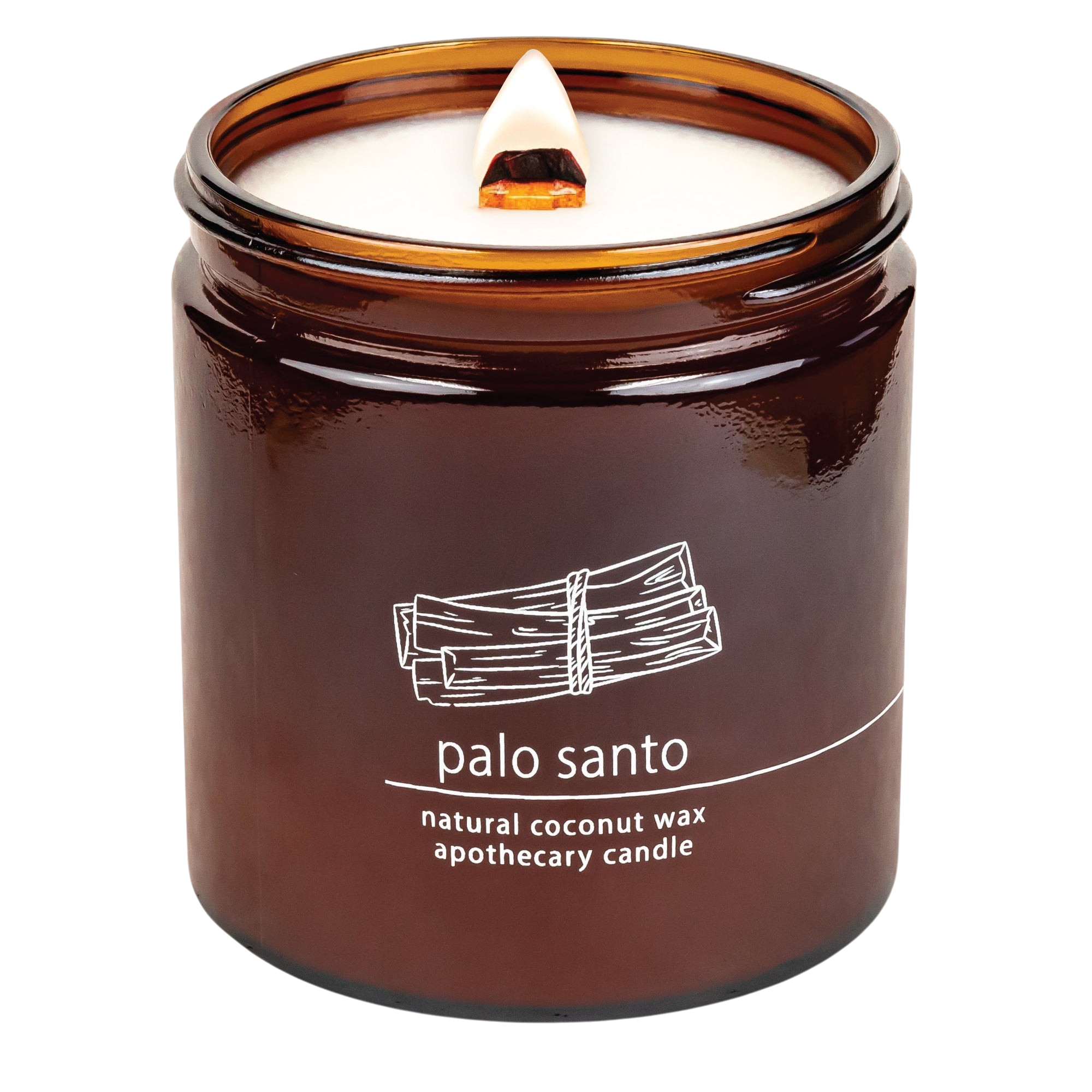 Hemlock Park Palo Santo coconut wax apothecary candle in a brown glass jar with a lit wooden wick.