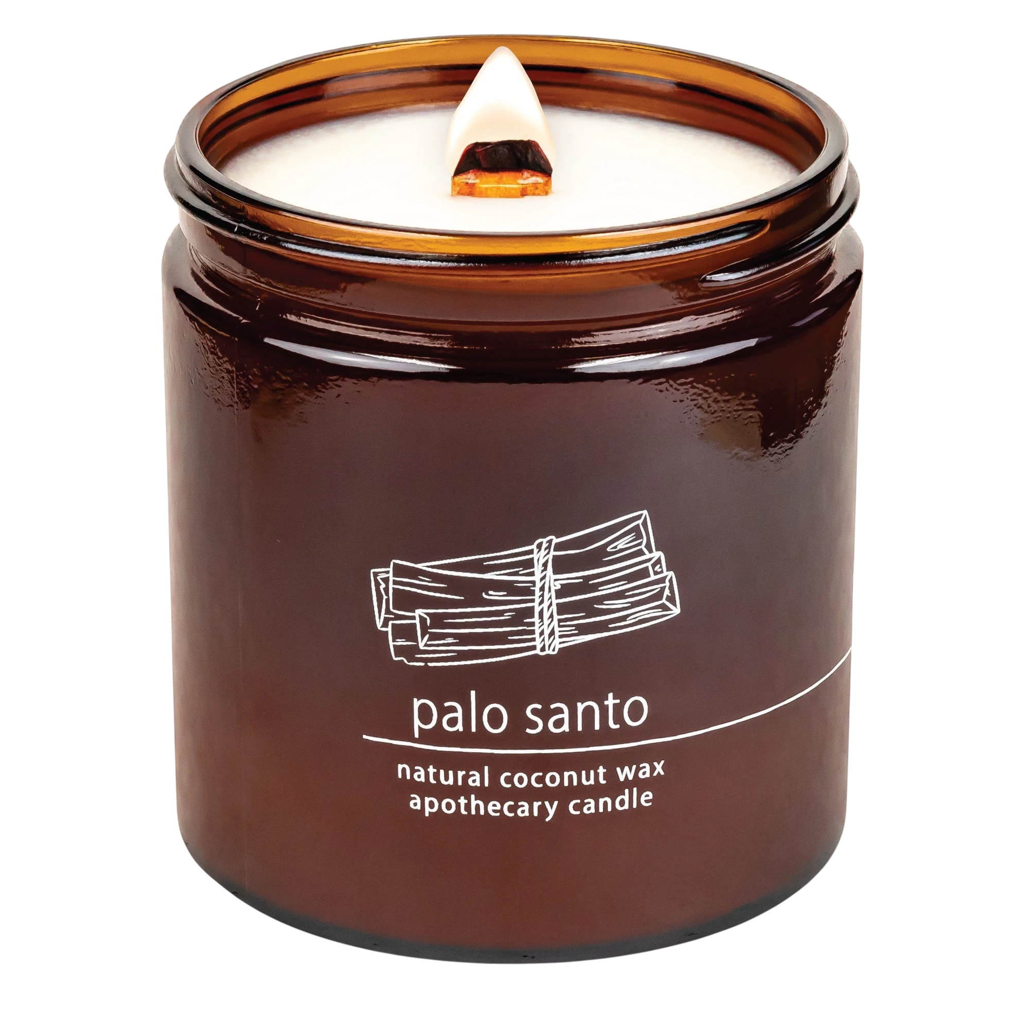 Hemlock Park Palo Santo coconut wax apothecary candle in a brown glass jar with a lit wooden wick.