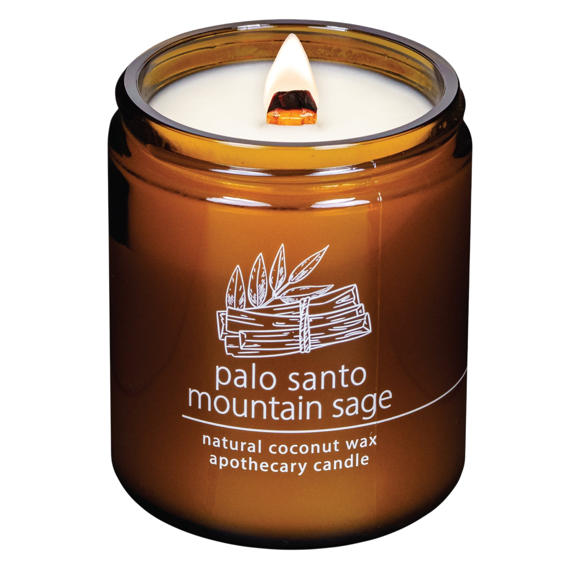 Hemlock Park Palo Santo Mountain Sage candle in an amber glass jar with a wooden wick and natural coconut wax