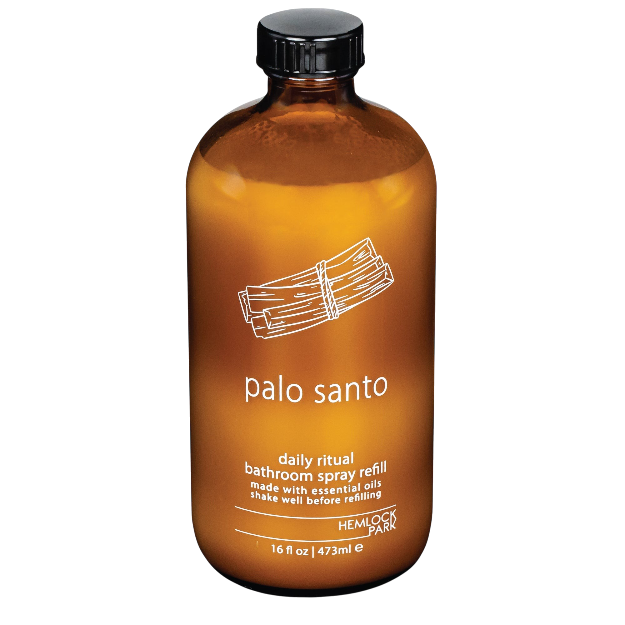 Hemlock Park Palo Santo room spray in an amber glass bottle with a black cap and white label.