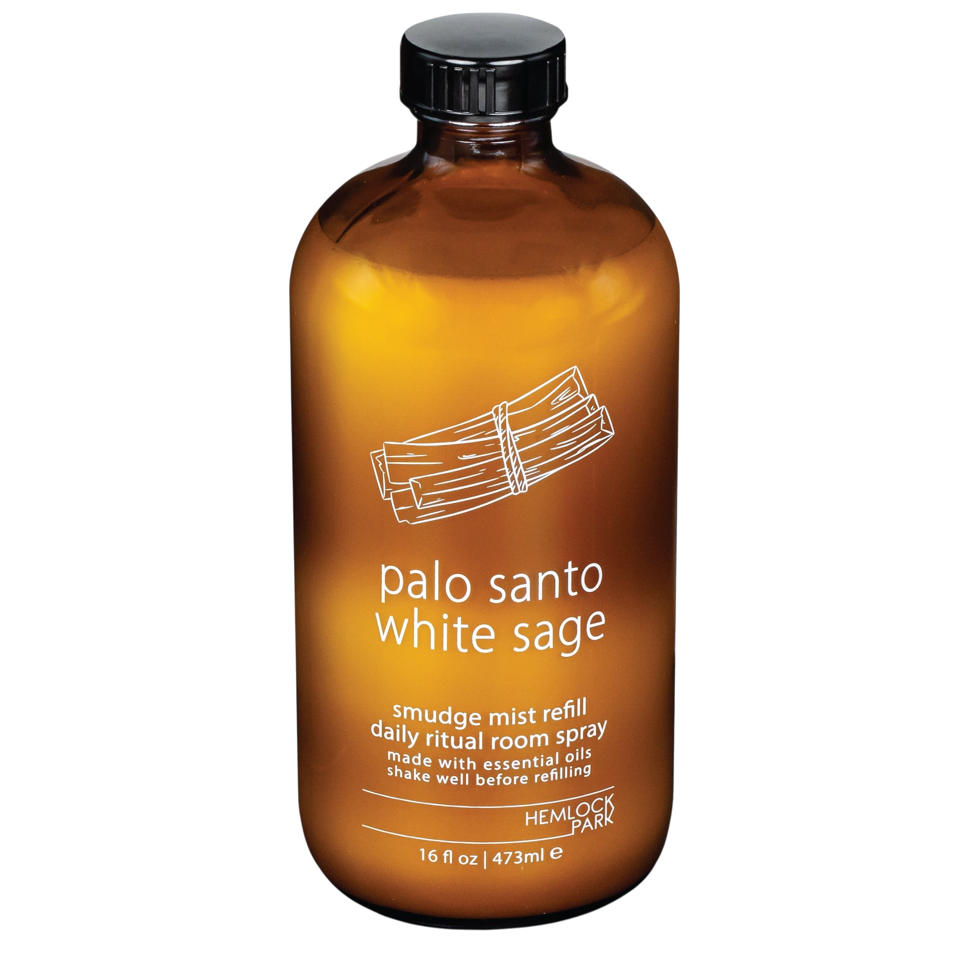 Hemlock Park Palo Santo and White Sage smudge mist room spray in an amber glass bottle with a black cap.