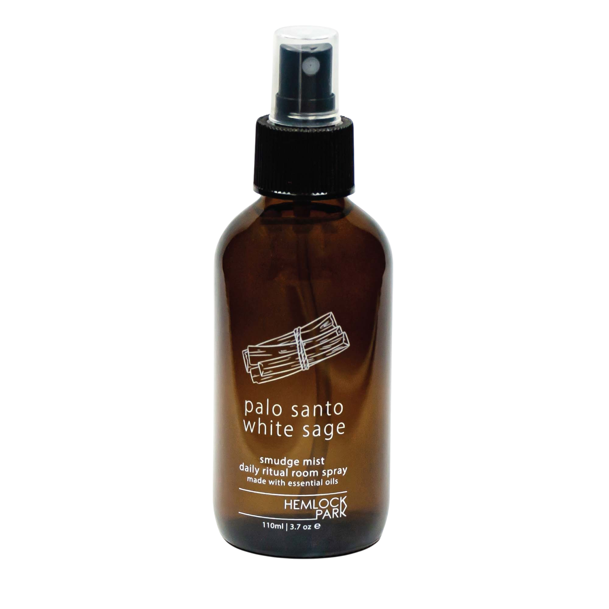 Hemlock Park Palo Santo and white sage smudge mist room spray in an amber glass bottle with a black spray nozzle.