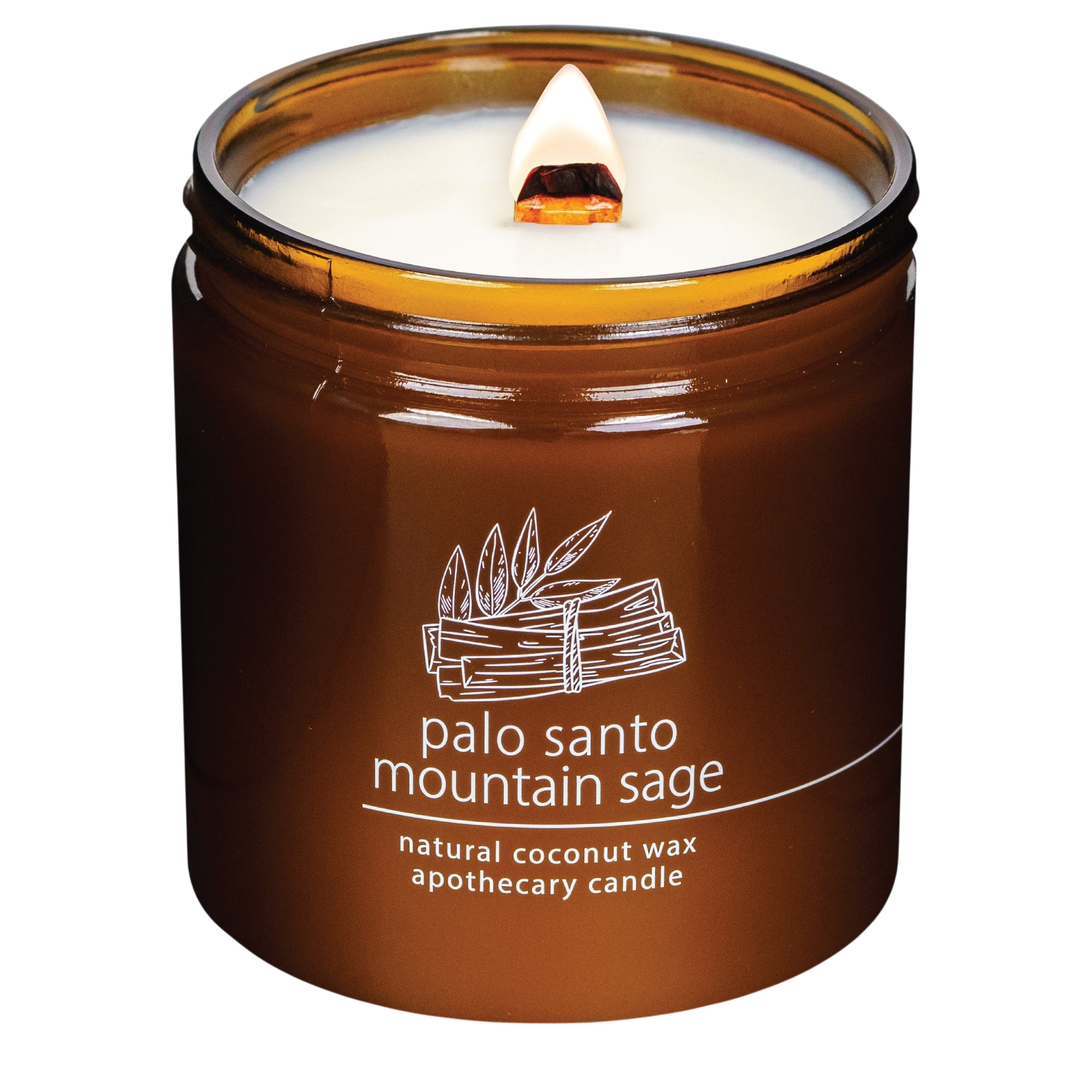 Hemlock Park Palo Santo Mountain Sage candle in an amber glass jar with a lit wooden wick.