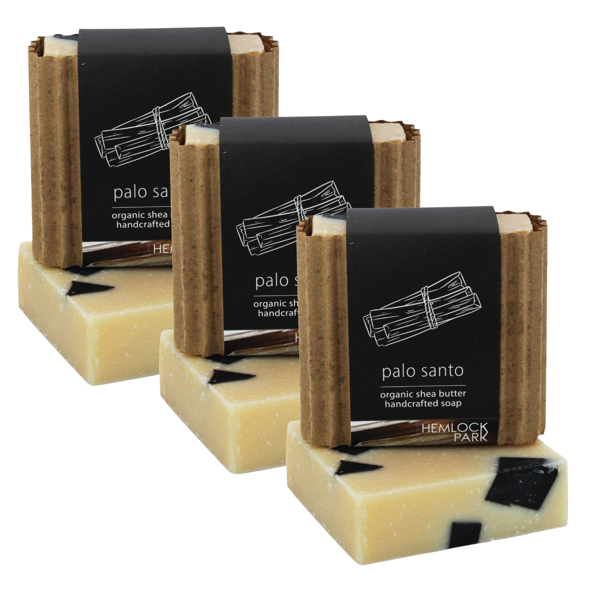 Hemlock Park Palo Santo bar soap set featuring organic shea butter and black charcoal accents in eco-friendly wrap.