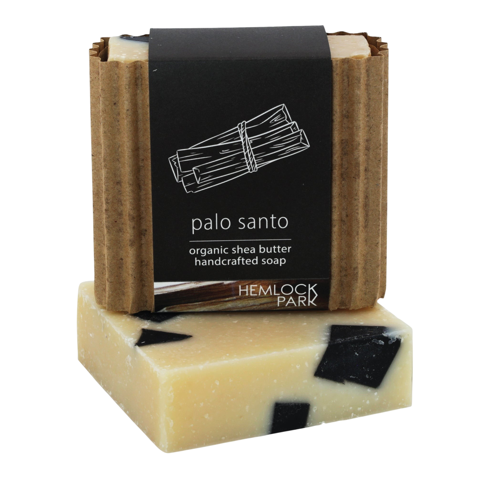 Hemlock Park Palo Santo organic shea butter bar soap with black resinous accents in sustainable cardboard packaging.