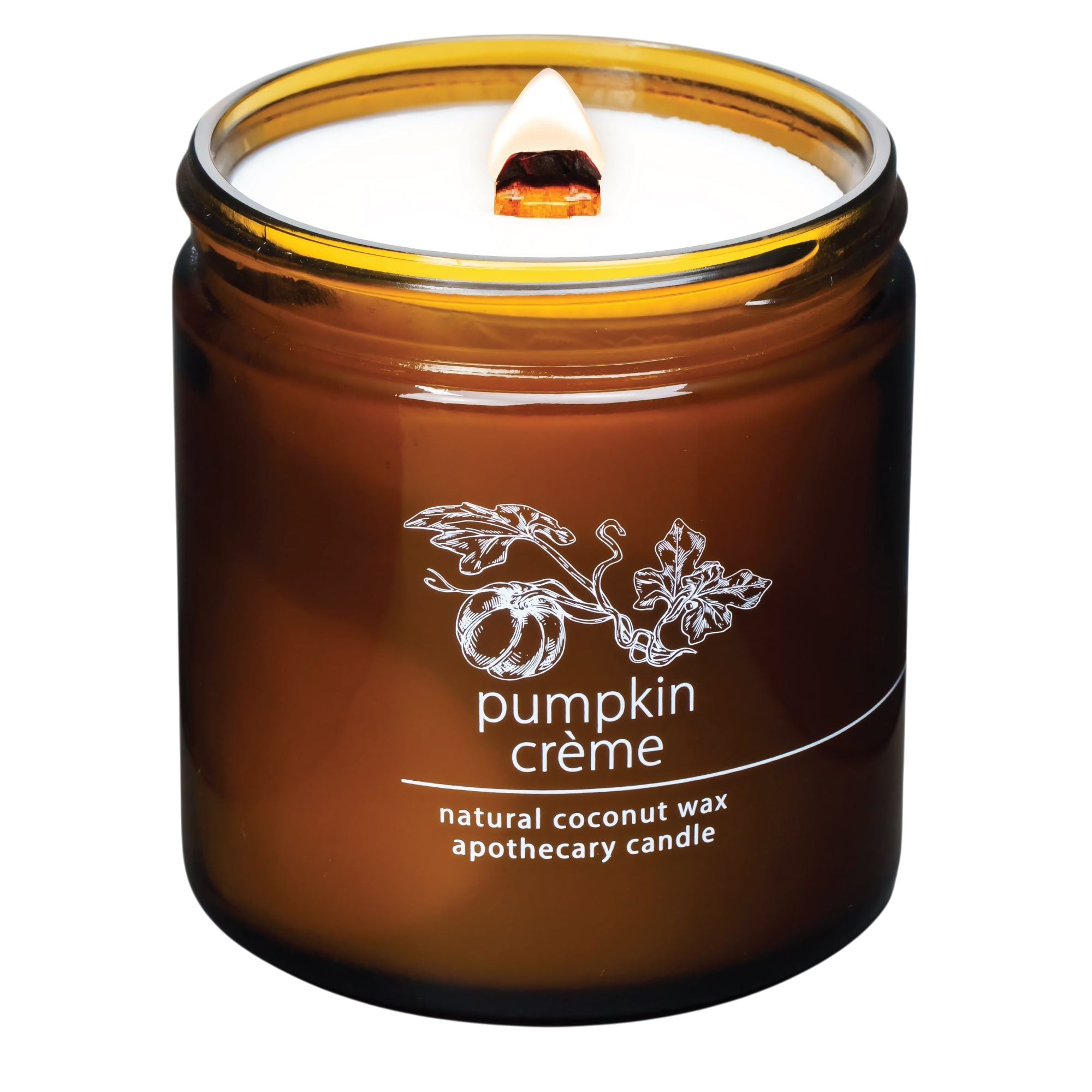 Hemlock Park Pumpkin Creme apothecary candle in an amber glass jar with a lit wooden wick and botanical label