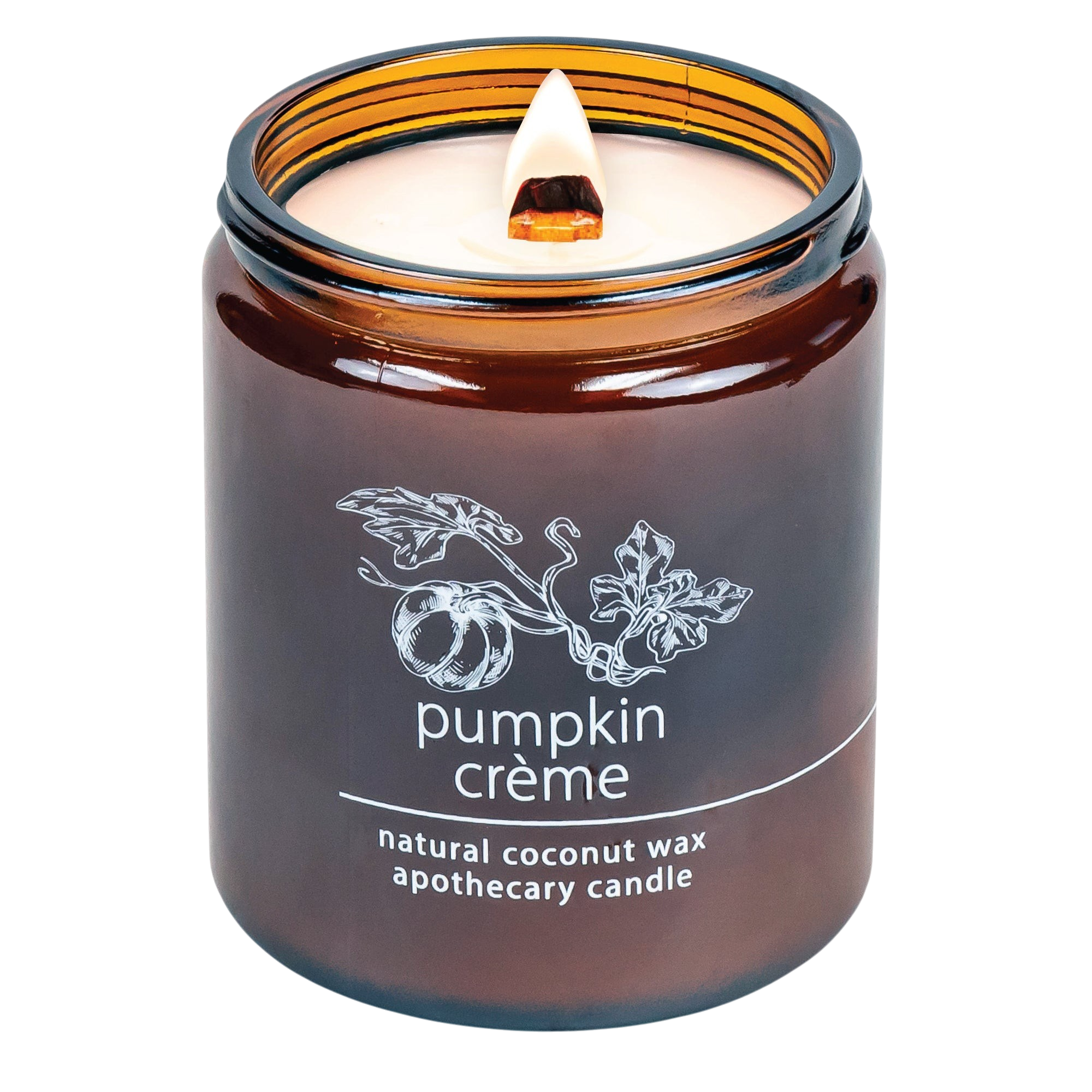 Hemlock Park Pumpkin Creme apothecary candle in an amber glass jar with a wooden wick and botanical pumpkin label